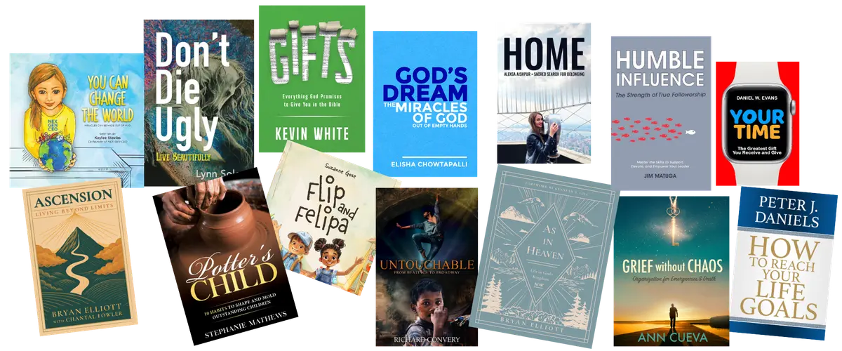 Fourteen book covers published by Spirit Media Publishing, including Gifts by Kevin White, Humble Influence and Potter's Child