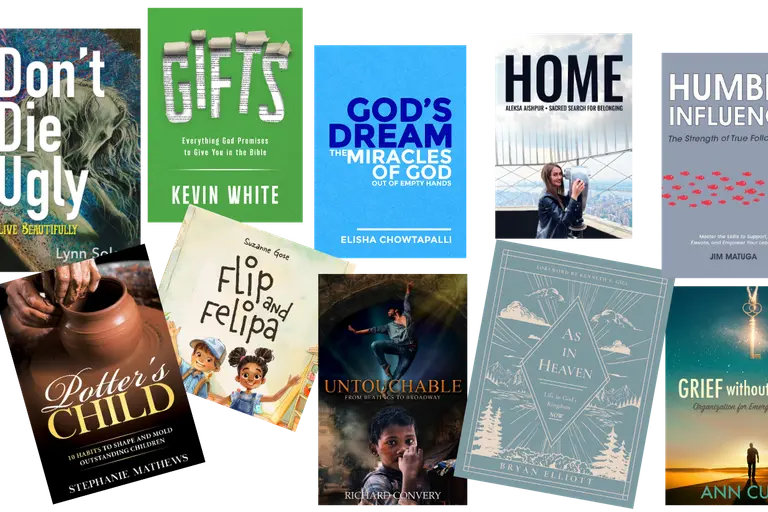 Fourteen book covers published by Spirit Media Publishing, including Gifts by Kevin White, Humble Influence and Potter's Child