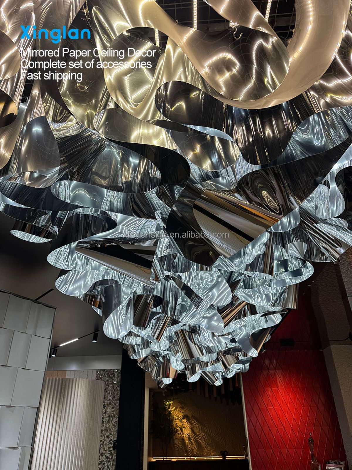 Wavy Decorative PET Mirror Finish Silver Patterned Ceiling Panels for Luxury Wedding Banquet halls and Event Venues Customizable