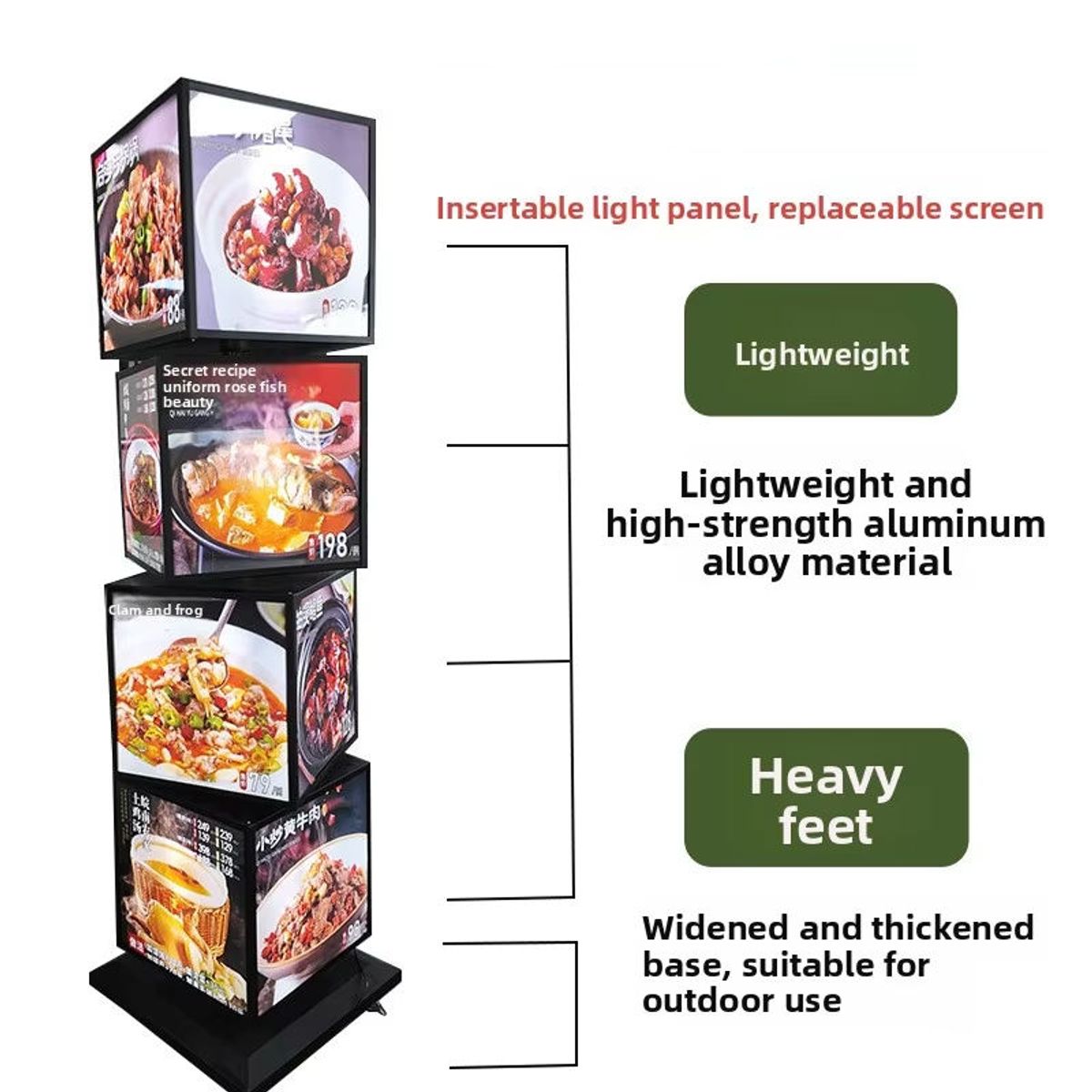 Rotating Aluminum Alloy Frame Light Box Mobile Upright Four-sided Rectangle Outdoor Waterproof Floor-standing Advertising