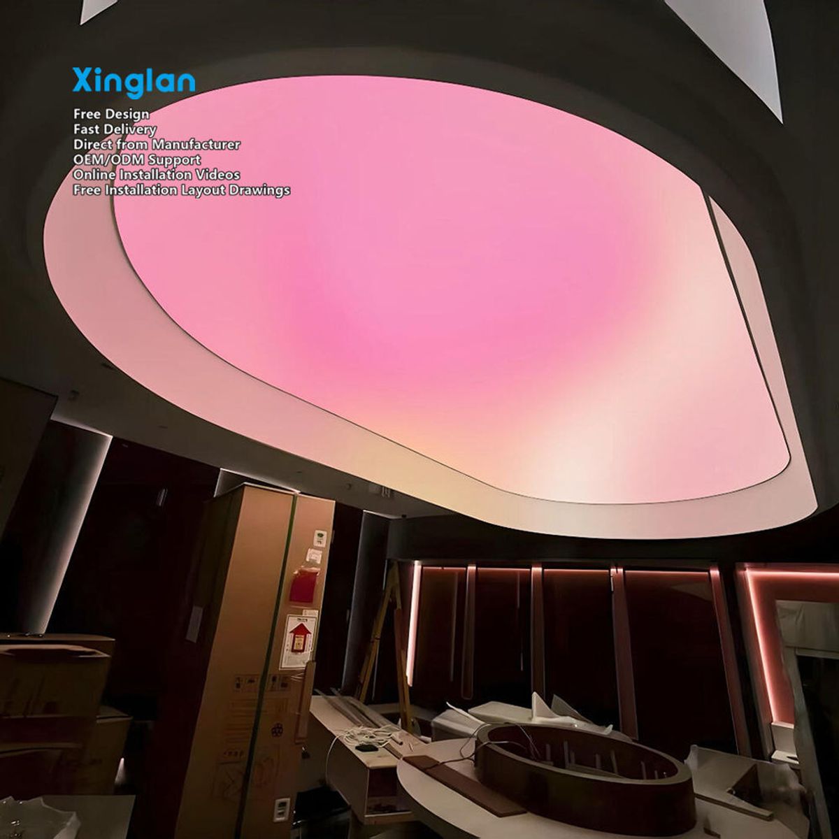 RGB Stretch Fabric Ceilings, Stretch Ceiling Membranes, PVC Soft Membranes, Customizable Shapes and Designs