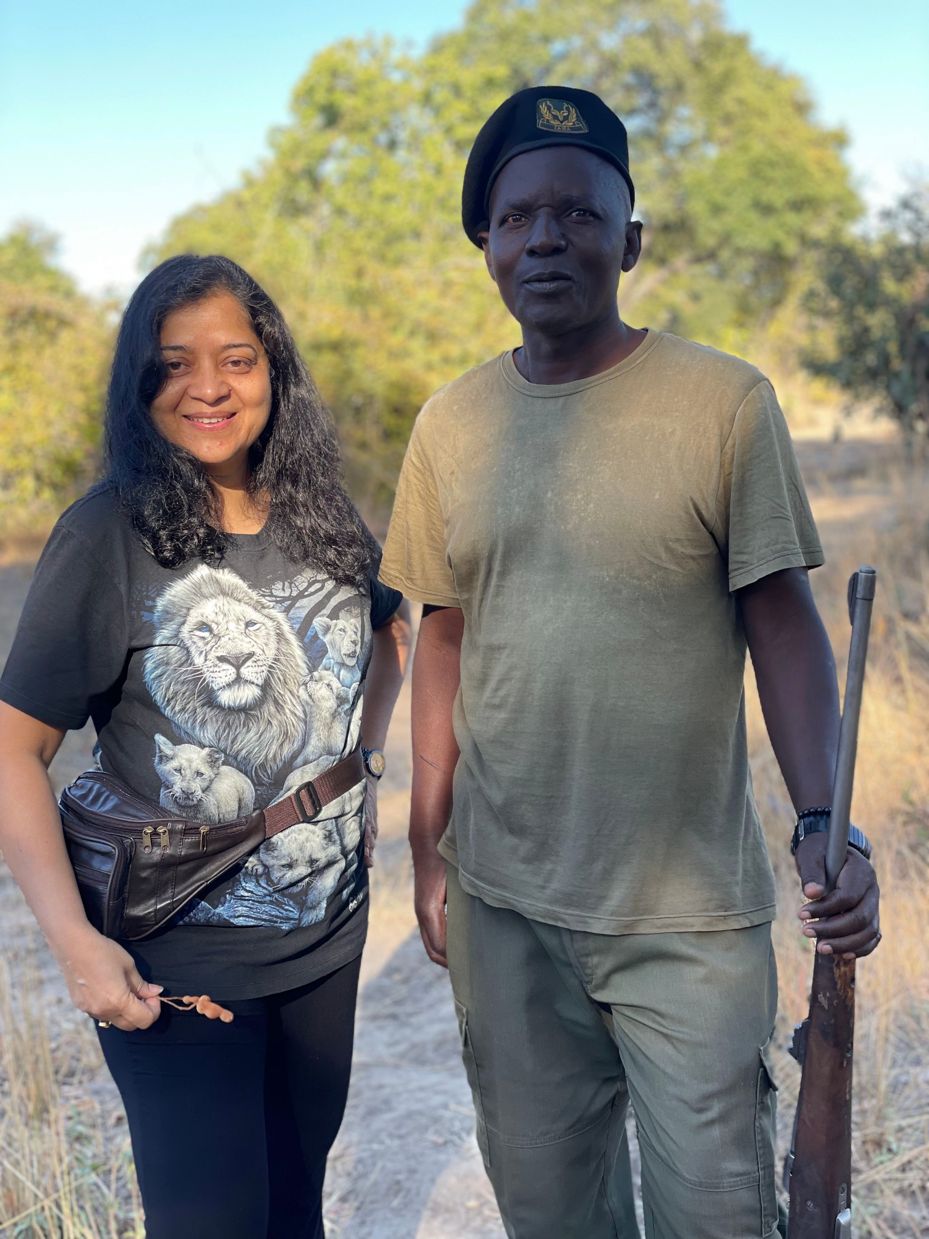 Hemakshi with armed walking safari guide