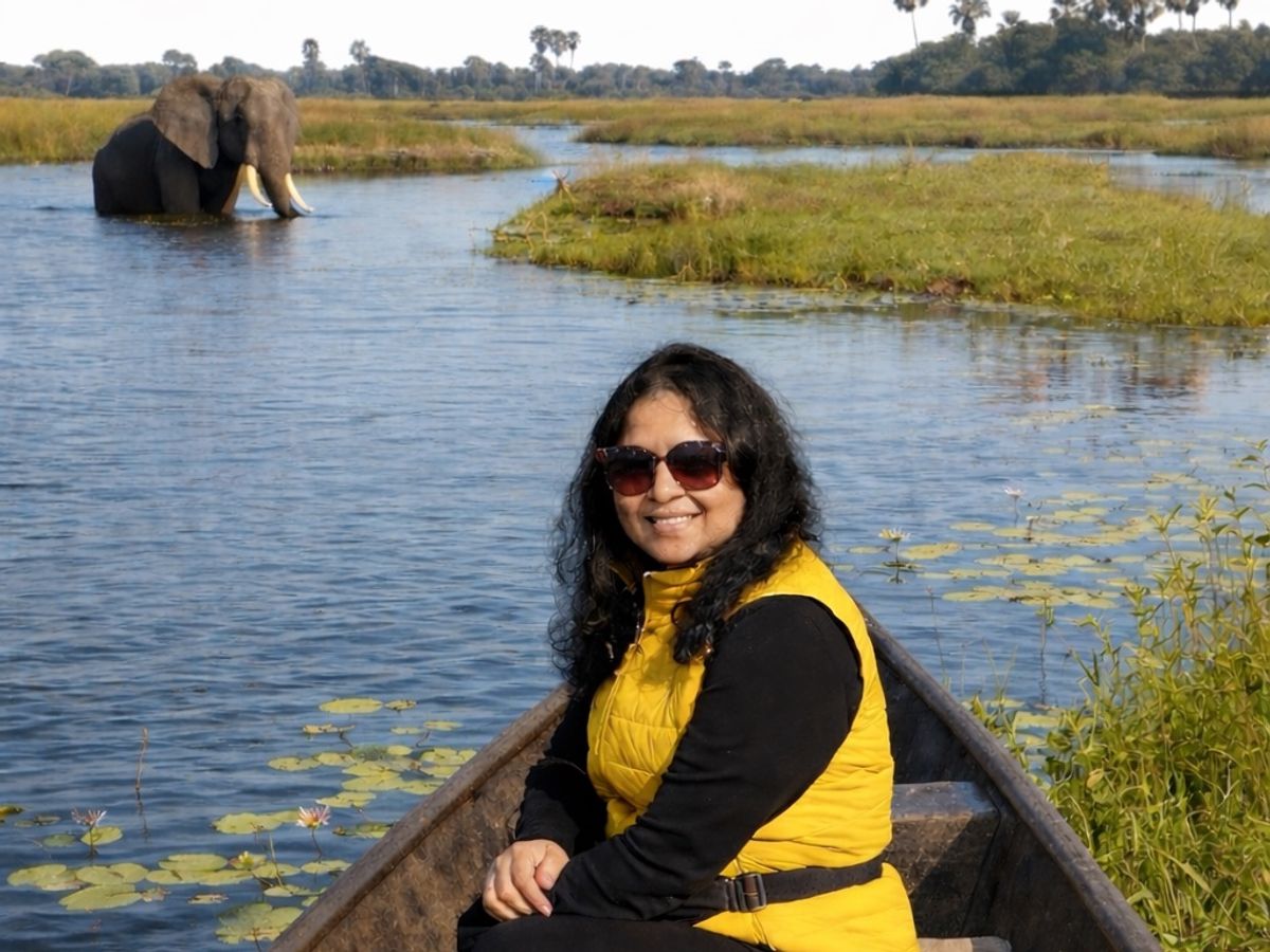 Hemakshi on a mokoro with an elephant in the distance — Okavango Delta