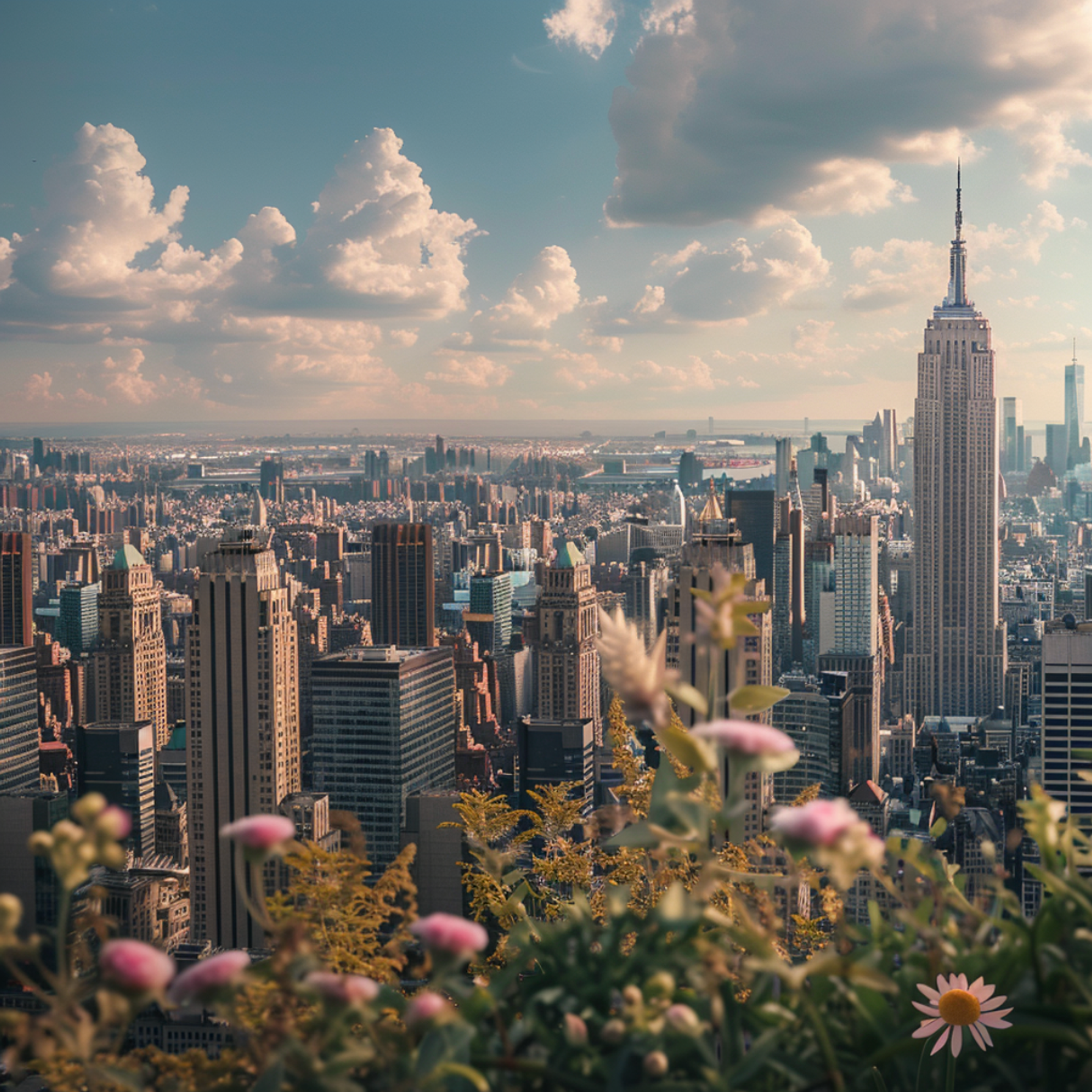 A serene view of New York City's iconic skyline with the Empire State Building standing tall, seen through a foreground of delicate wildflowers, symbolizing thoughtful same-day flower delivery integrated into the city's bustling life.