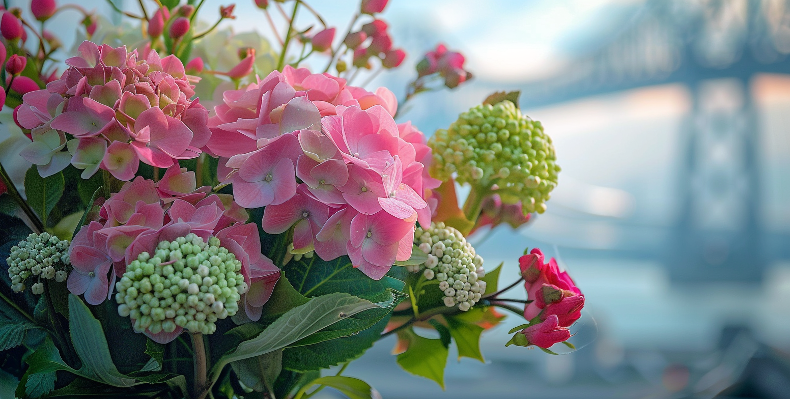 Bright pink and green flowers in closeup with a blurred background of the sunset over the Detroit Ambassador Bridge.