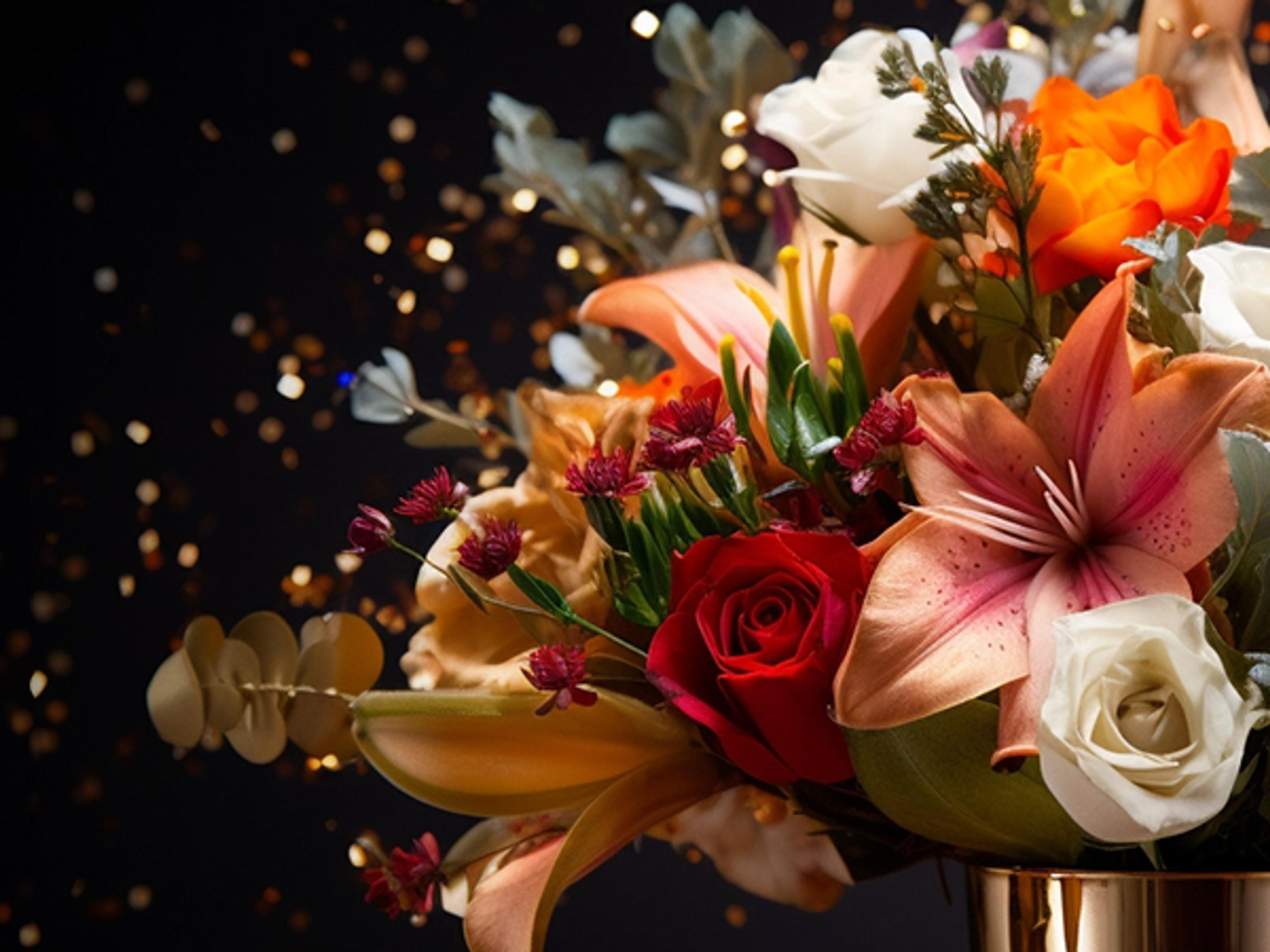 a bouquet of flowers in a vase on a black background .