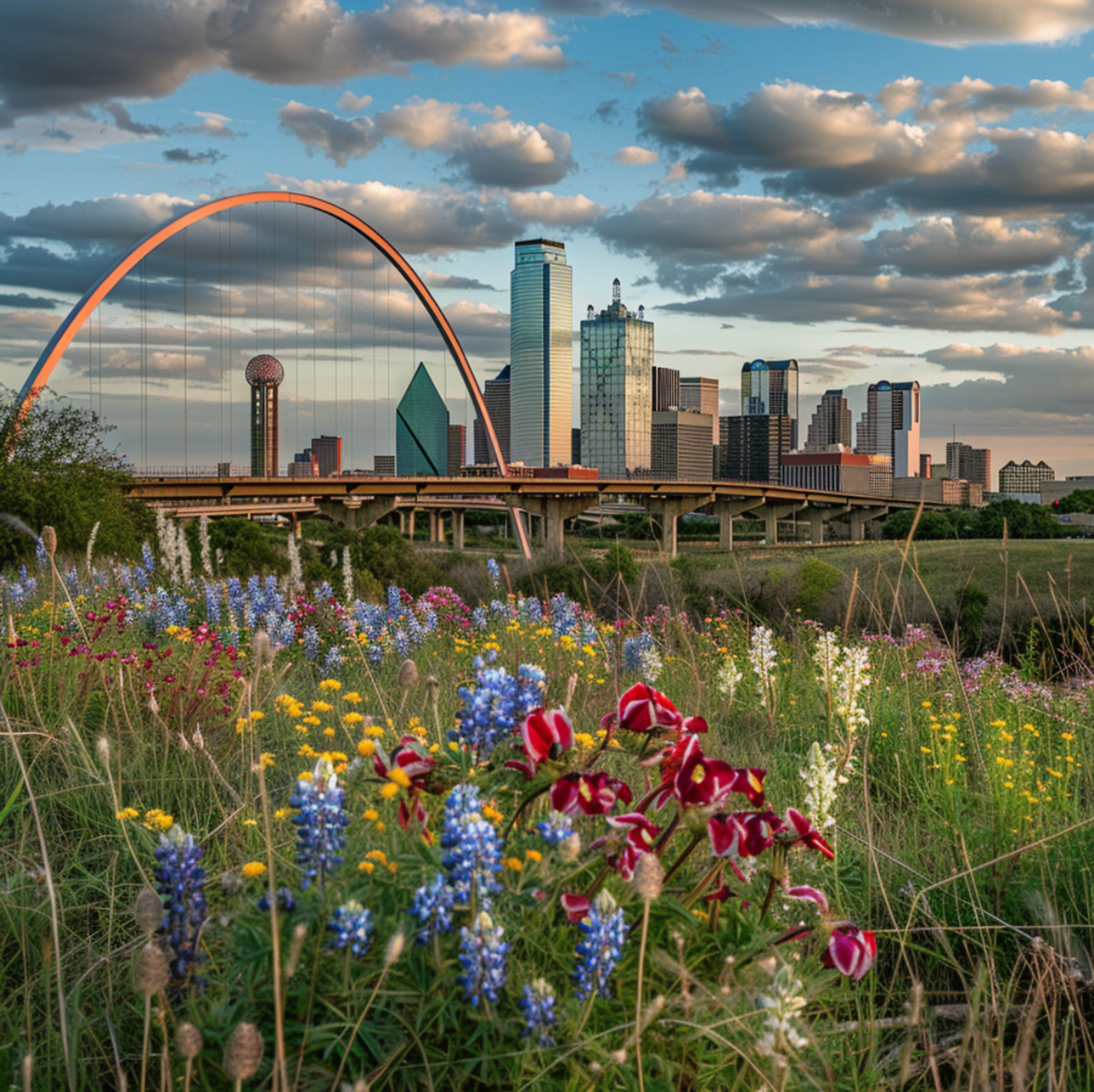 Wildflowers in bloom with a mix of bluebonnets, Indian paintbrushes, and other Texas natives in the foreground, with the Margaret Hunt Hill Bridge and the distinct Dallas skyline, including Reunion Tower, set against a backdrop of a dramatic cloud-streaked sky at dusk.