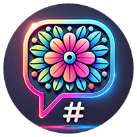 Vibrant neon speech bubble with a floral design inside, above a glowing hashtag symbol.