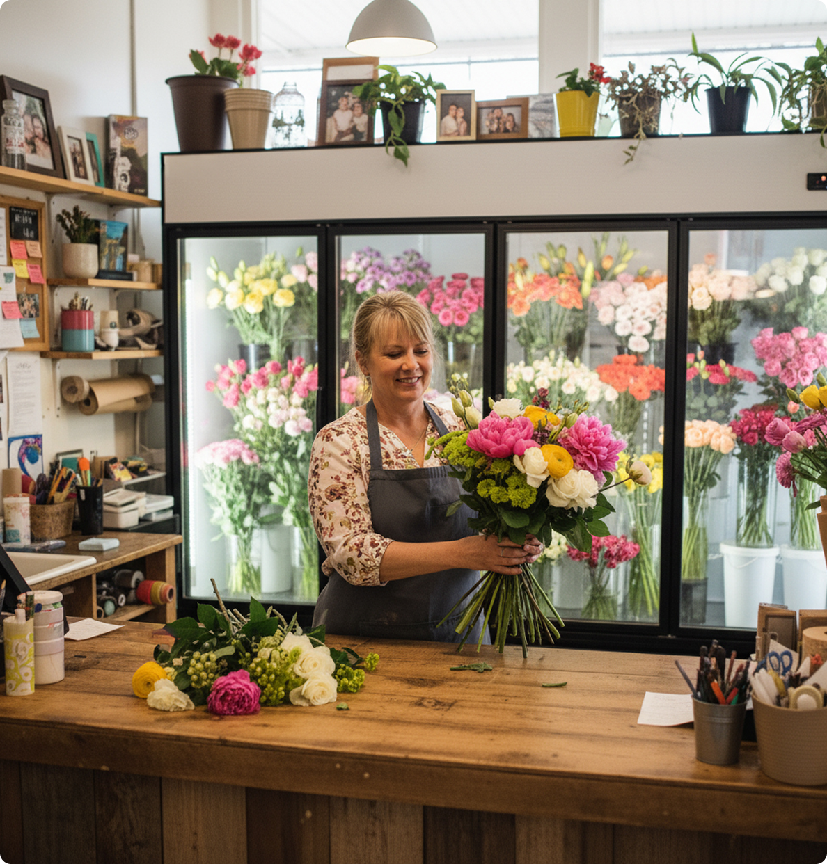Smiling florist arranging a colorful bouquet in a flower shop.