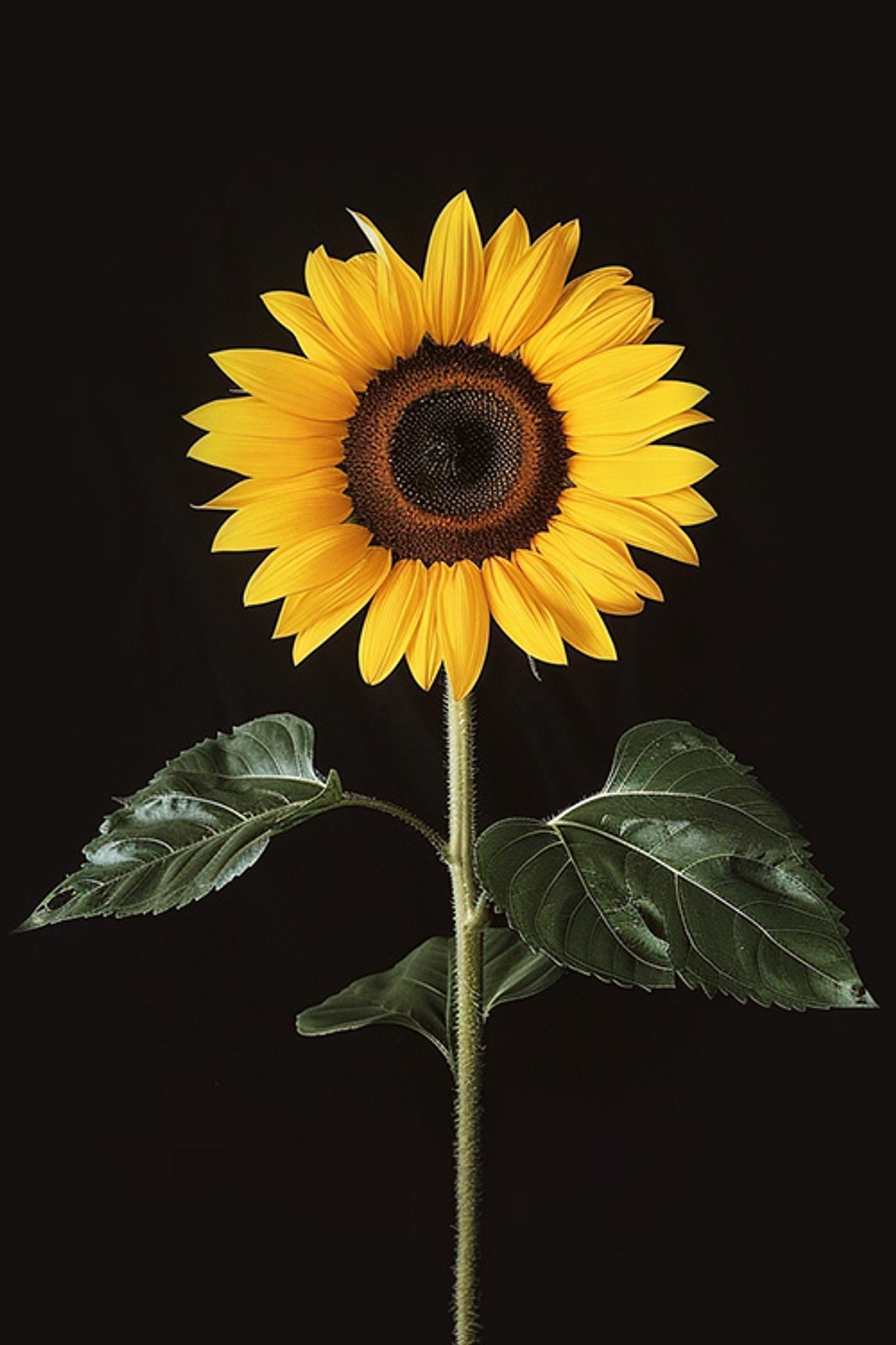 a sunflower with a black background and green leaves