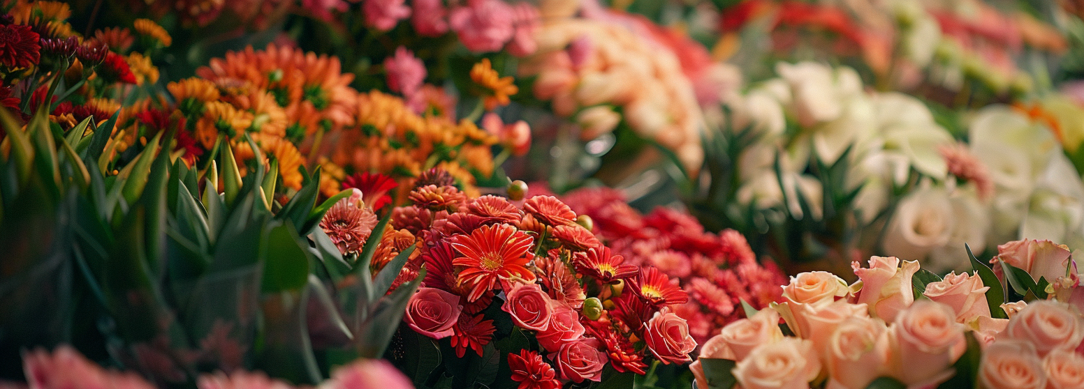 Vibrant and colorful floral display featuring an array of flowers including orange gerberas, red chrysanthemums, pink tulips, and pale peach roses, beautifully arranged in a lush, dense bouquet.