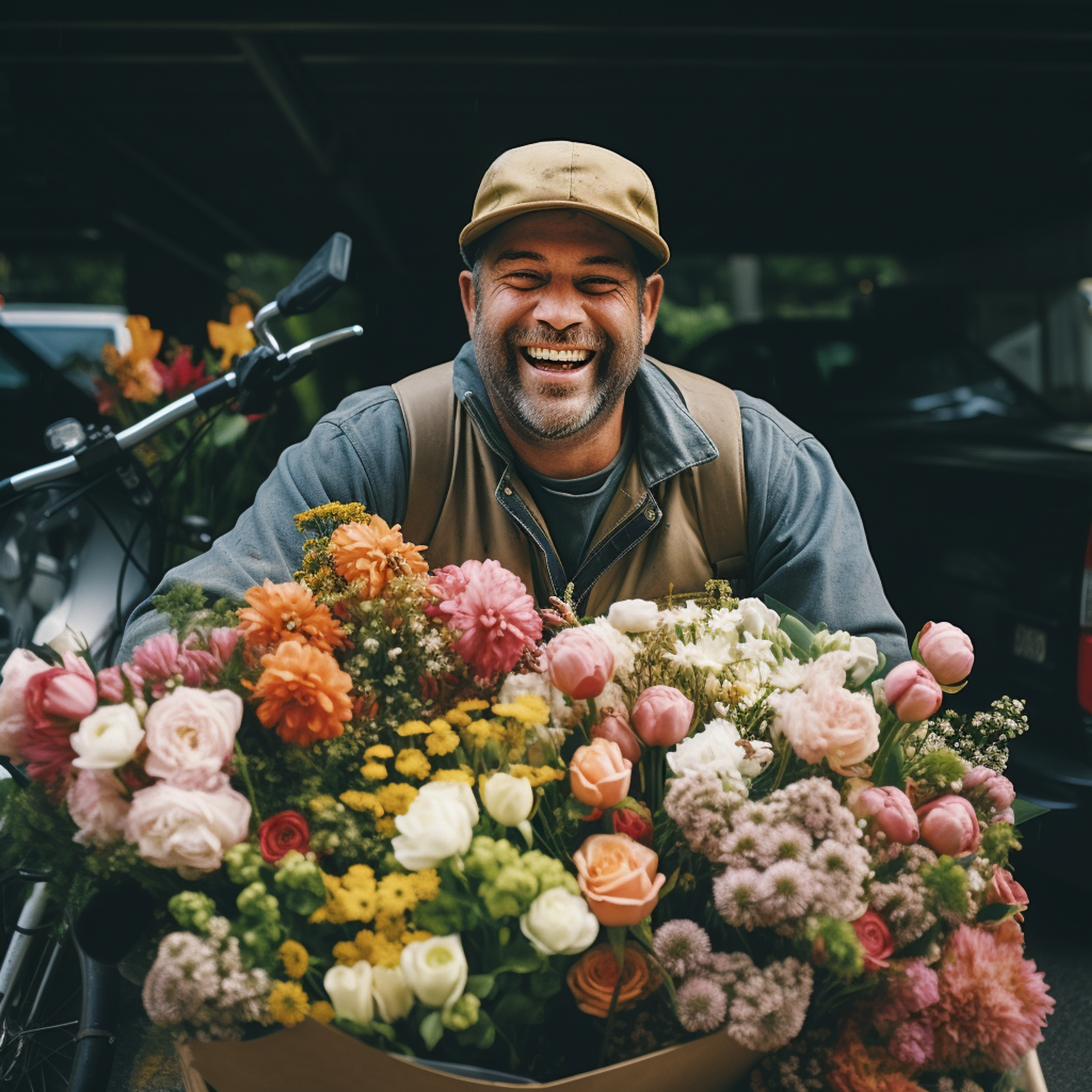 Flower delivery in action. Smiling man wearing a cap and apron delivering an assortment of colorful flowers, including roses and daisies