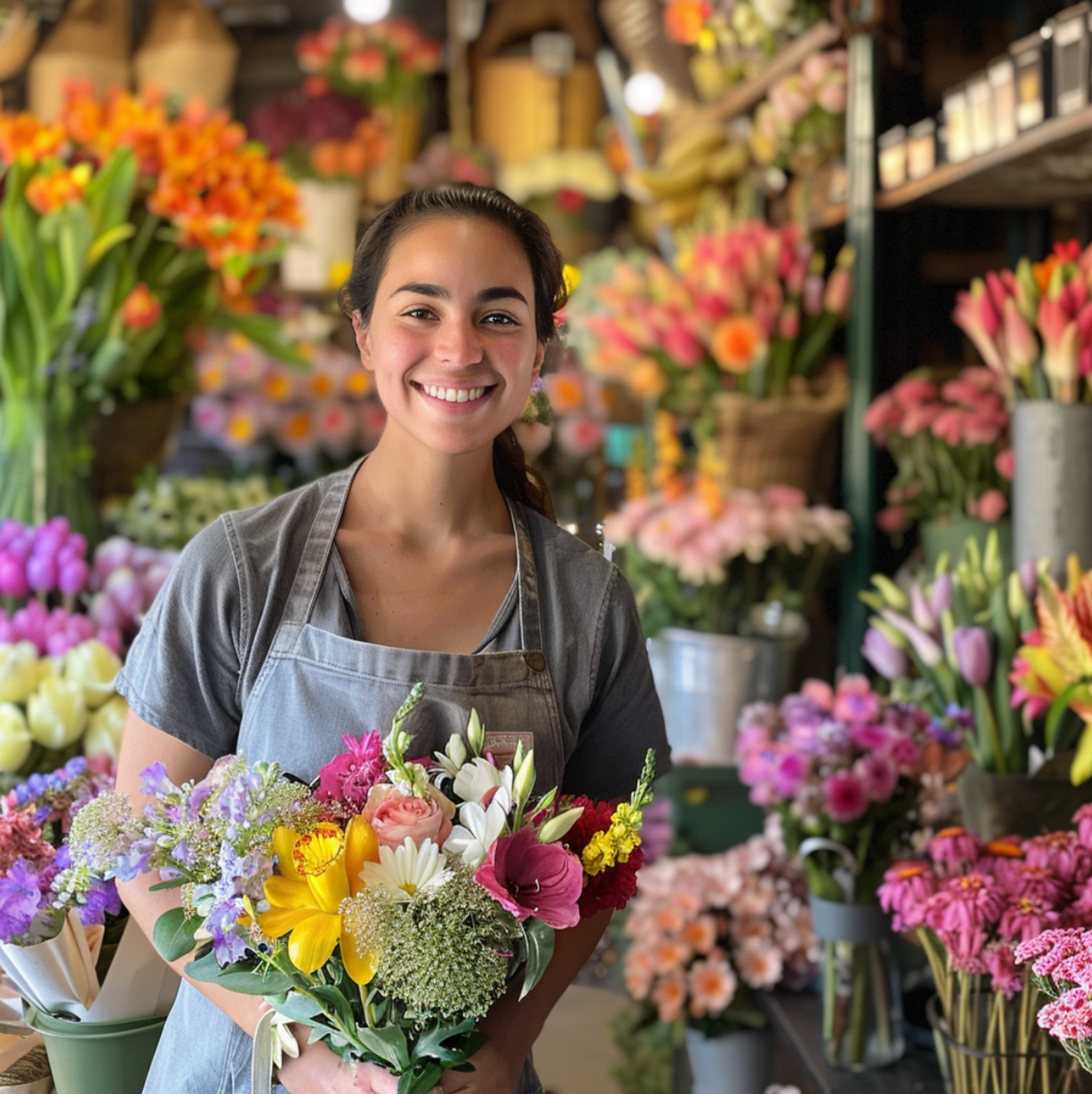 A cheerful florist in a gray apron stands in her vibrant flower shop, holding a lush bouquet with a variety of flowers including bright yellow lilies, deep pink roses, and delicate white daisies. The background is a colorful array of fresh floral arrangements and buckets filled with tulips and other blooms, conveying a busy and abundant flower shop that offers same-day delivery.
