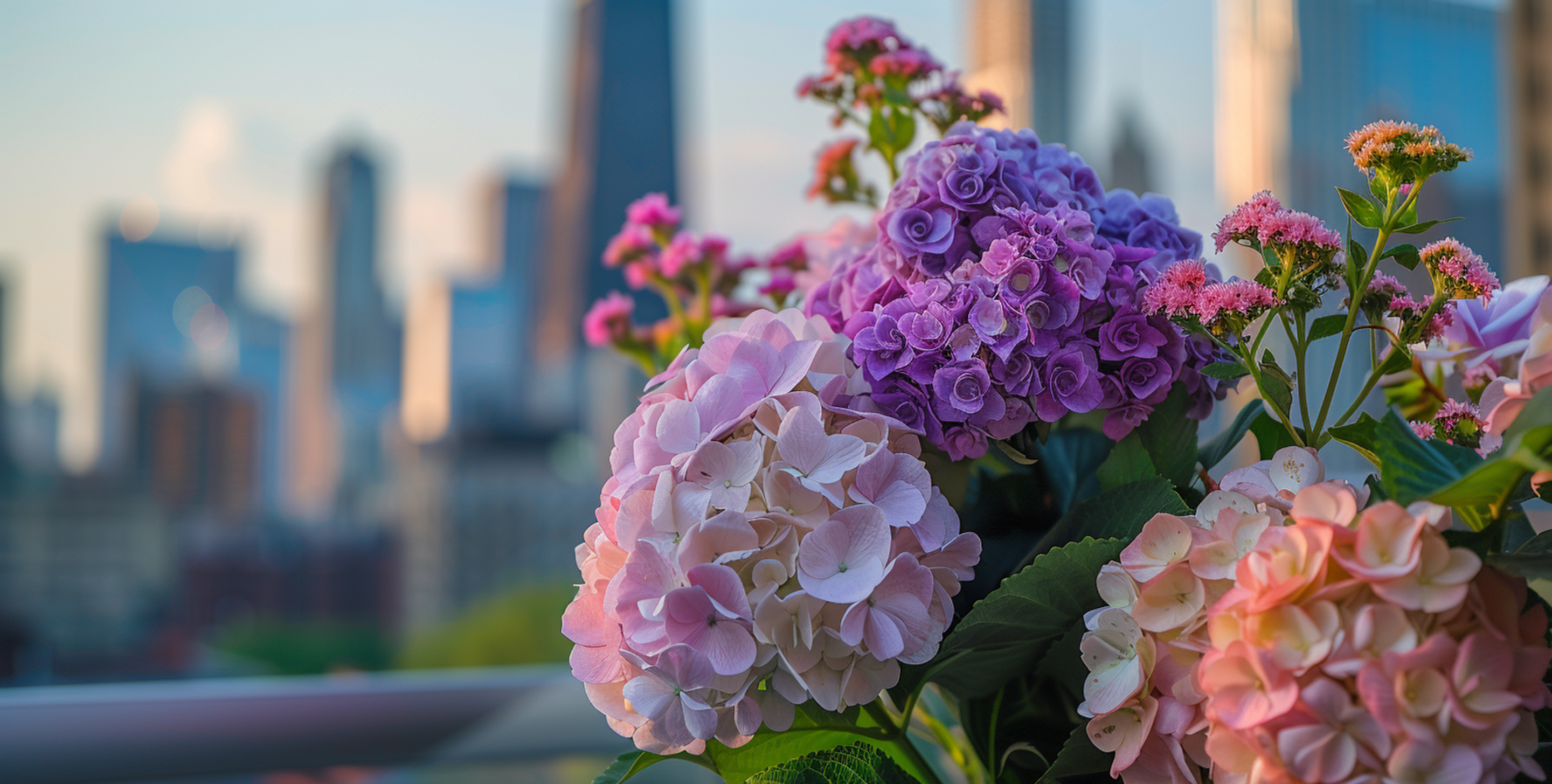 Purple Hydrangeas, Pink Peonies, and Cream Ranunculus in foreground with the Chicago skyline in the background featuring the Willis tower.