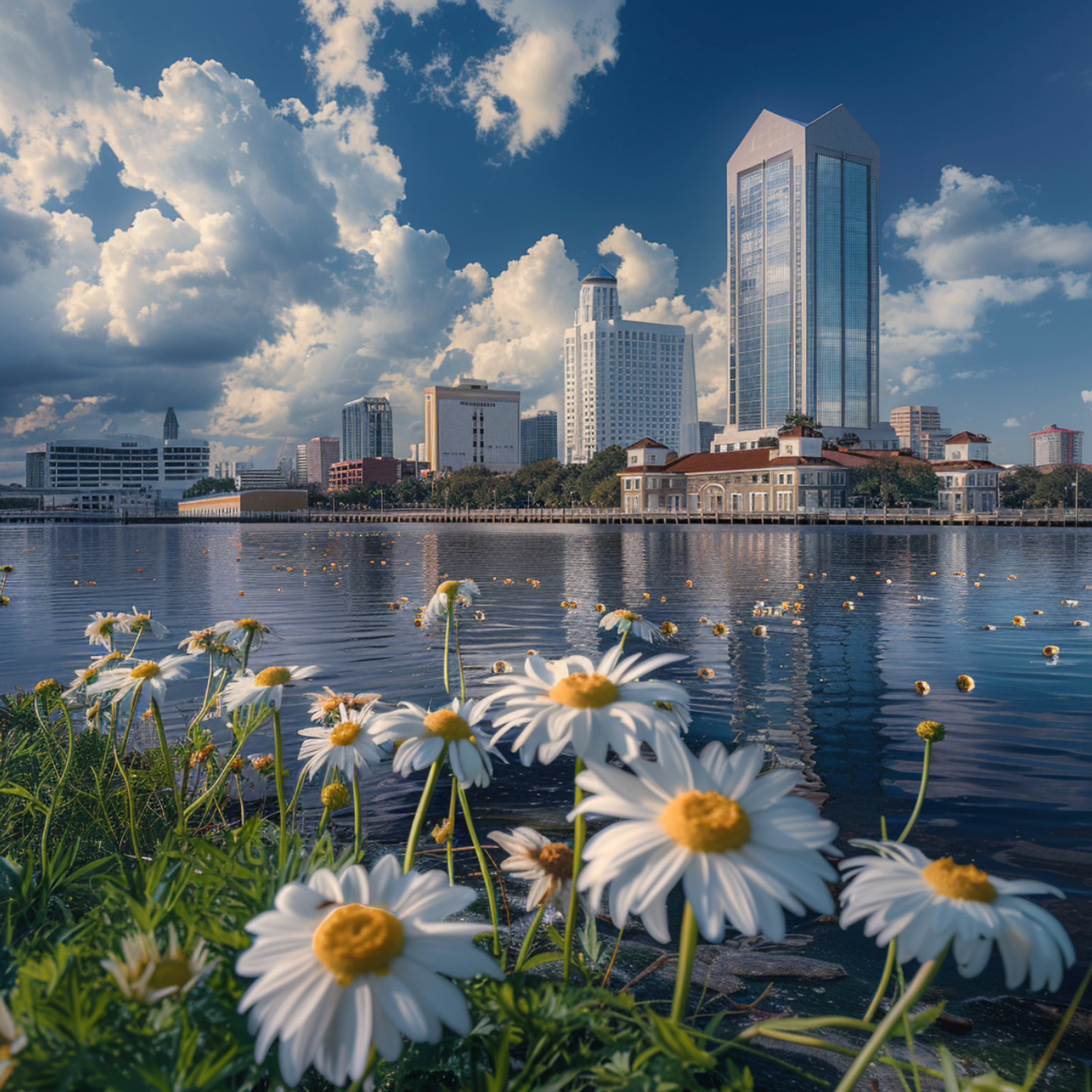 Scenic view of downtown Jacksonville, Florida, across the St. Johns River with vibrant daisies in the foreground and the city's modern skyscrapers under a dynamic cloud-filled sky, reflecting a cityscape in harmony with its natural riverfront setting.