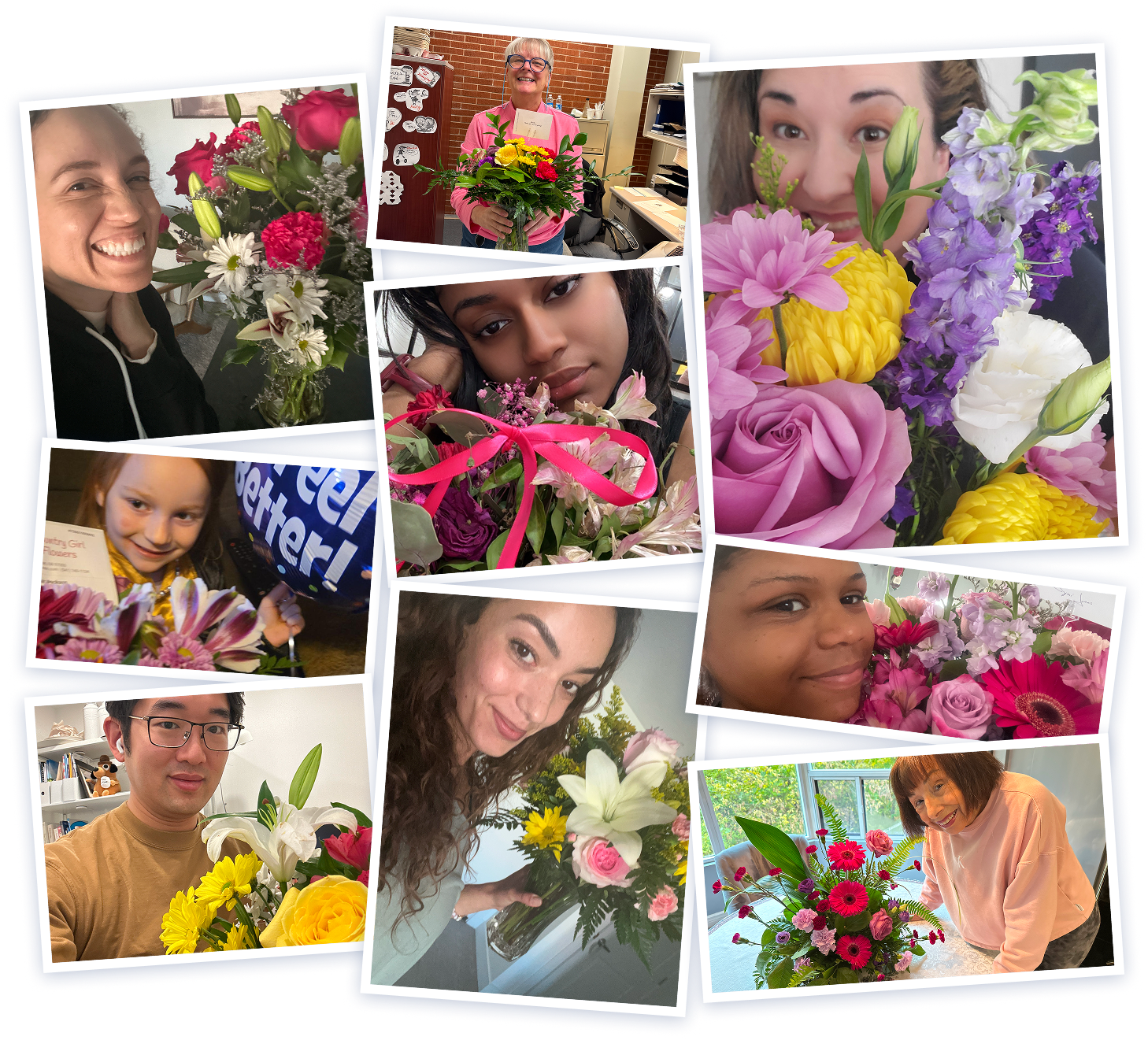 A collage of diverse people happily posing with various flower bouquets.