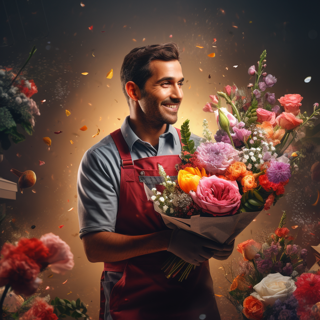 Same Day Flower Delivery man holding flower bouquet, delivering flowers