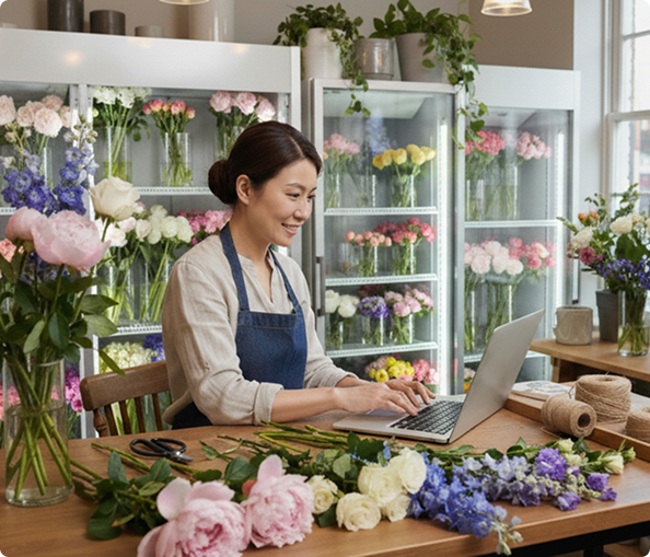 A smiling florist works on a laptop at a table laden with fresh flowers, in front of refrigerated flower displays.