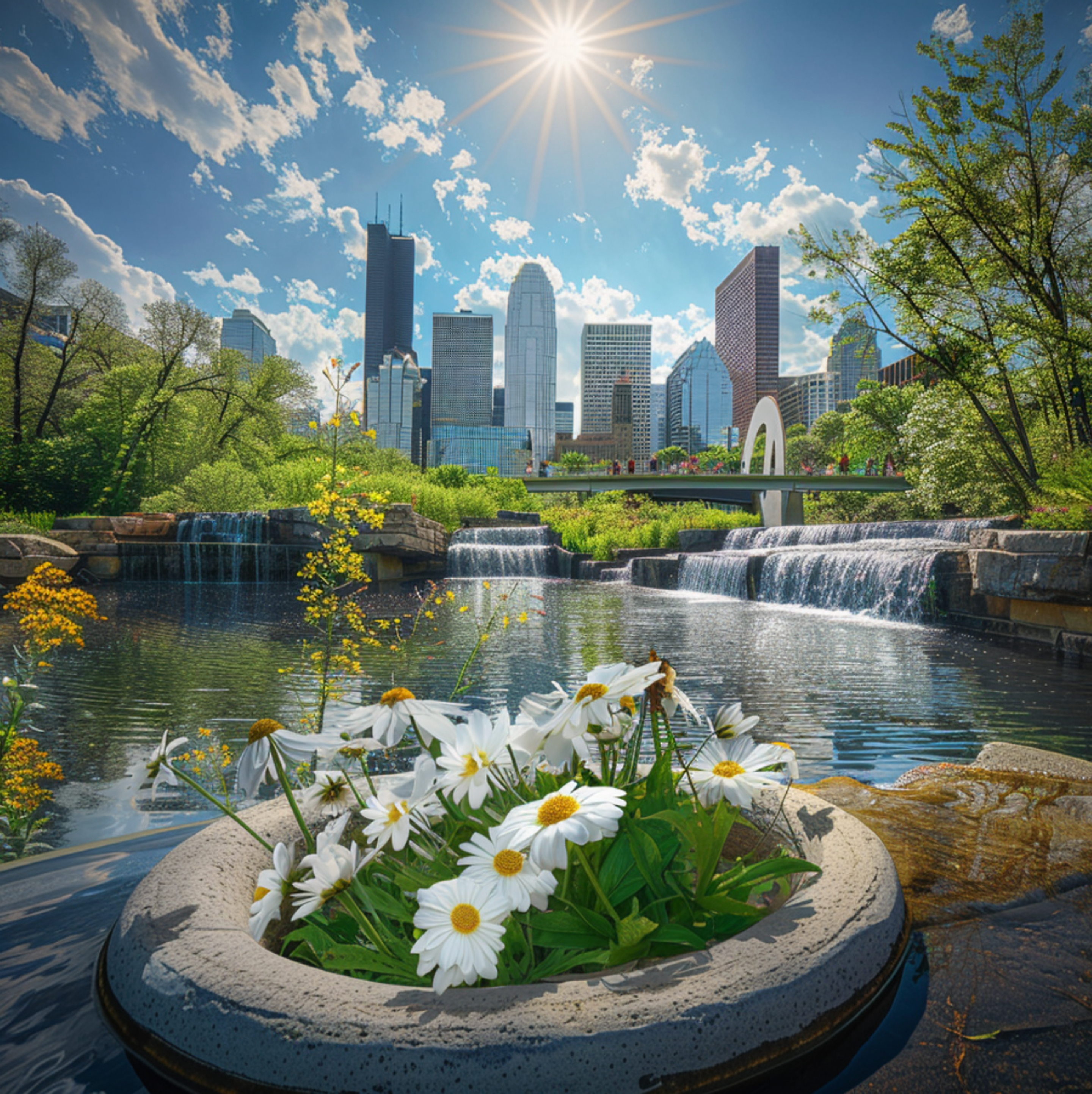 Bright sunny day at a park in Minneapolis with a foreground of daisies and lush greenery, cascading waterfalls, and the city's gleaming skyline in the background, reflecting the harmonious blend of nature and urban landscape in the city.