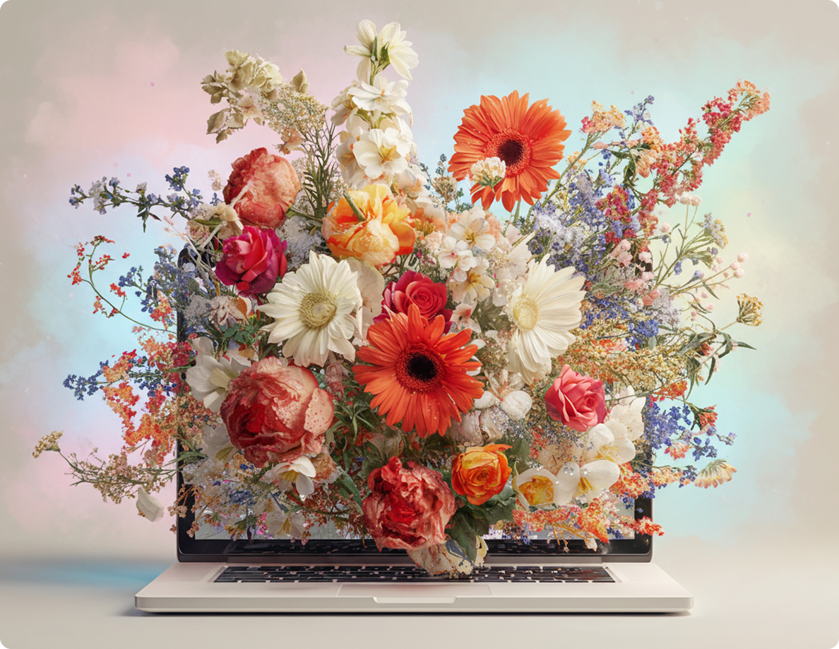 A vibrant bouquet of colorful flowers bursting from a laptop screen.
