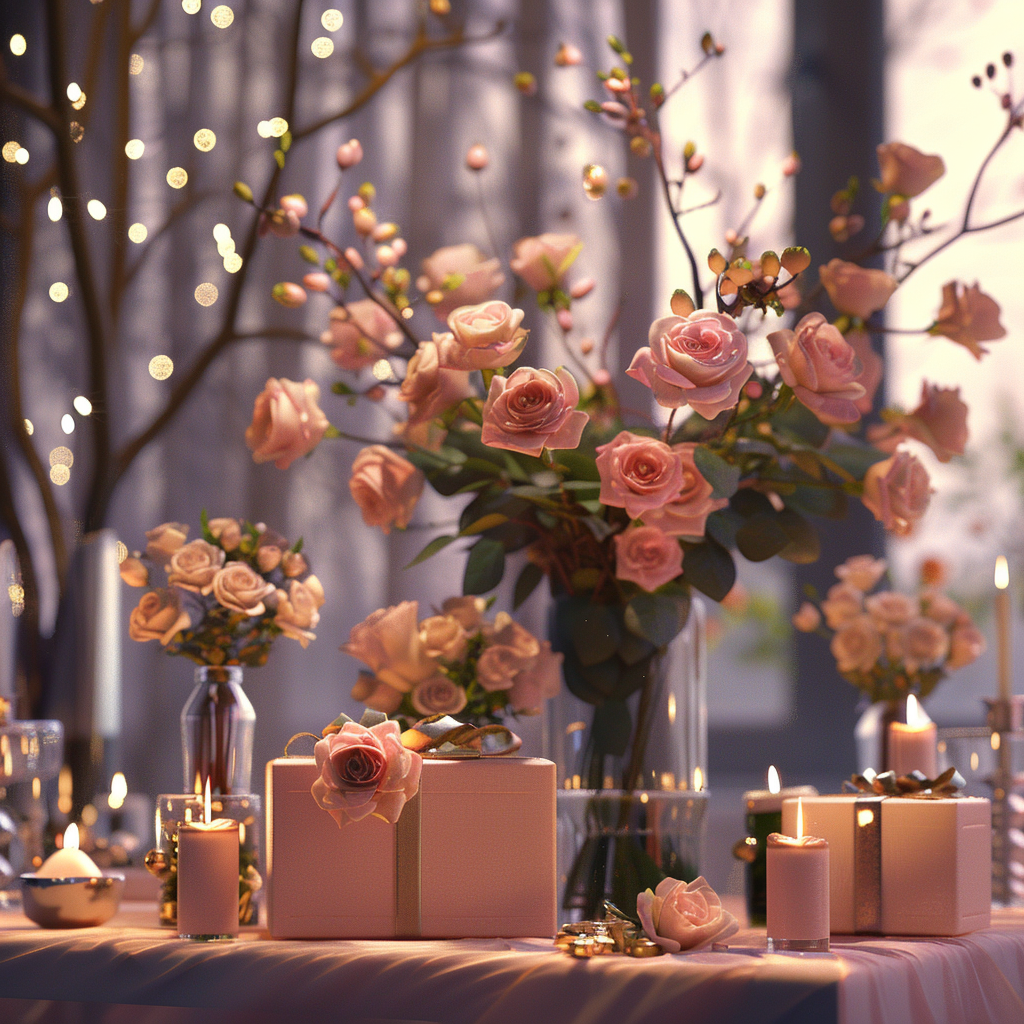 Gift table with candles, pink presents as gift boxes, and arranged roses in a vase.