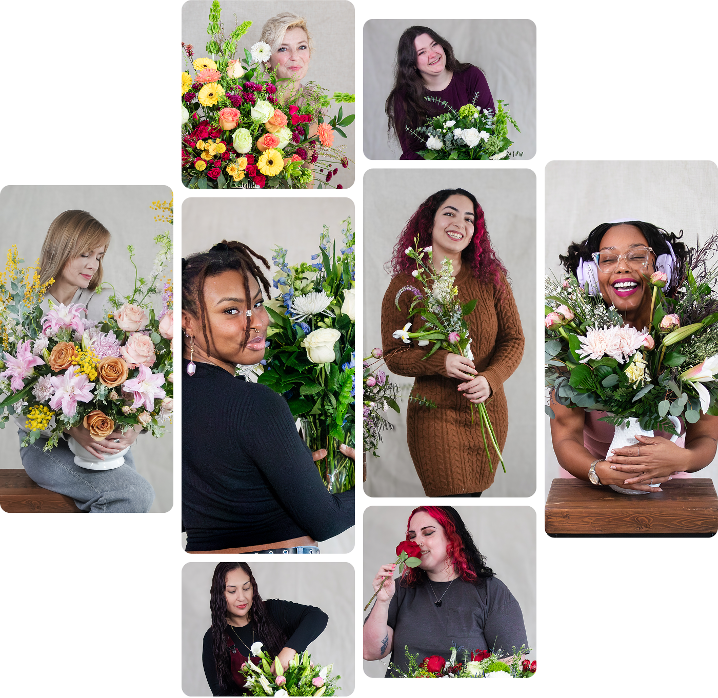 A collage of nine diverse women smiling with and arranging flowers.