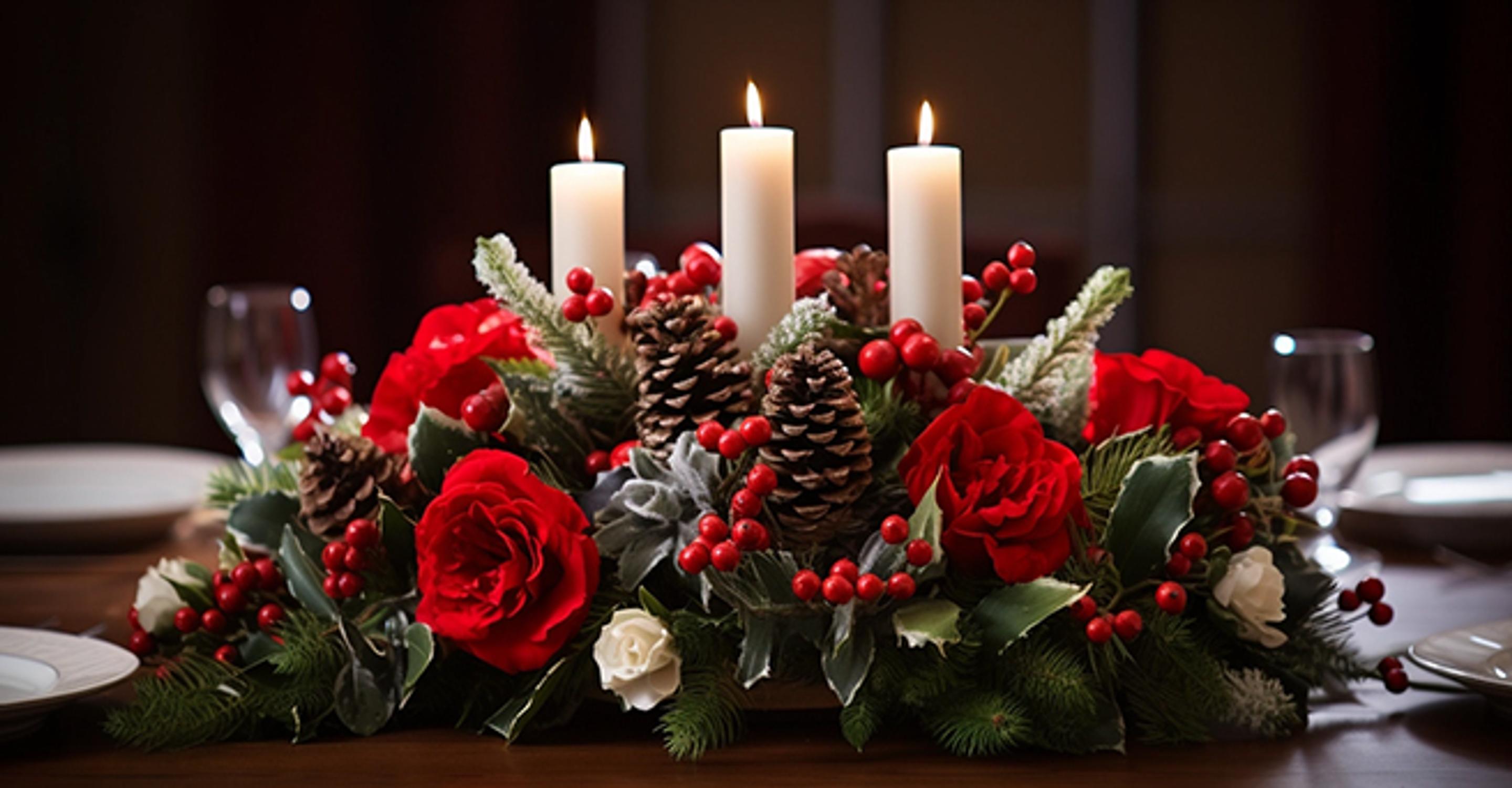 Christmas themed floral centerpiece with three white candles. Centerpiece includes pinecones, holly, red roses and white roses.