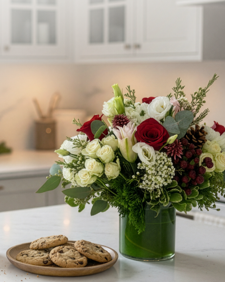 A festive bouquet of red and white flowers with pine cones and berries, next to chocolate chip cookies on a kitchen counter.