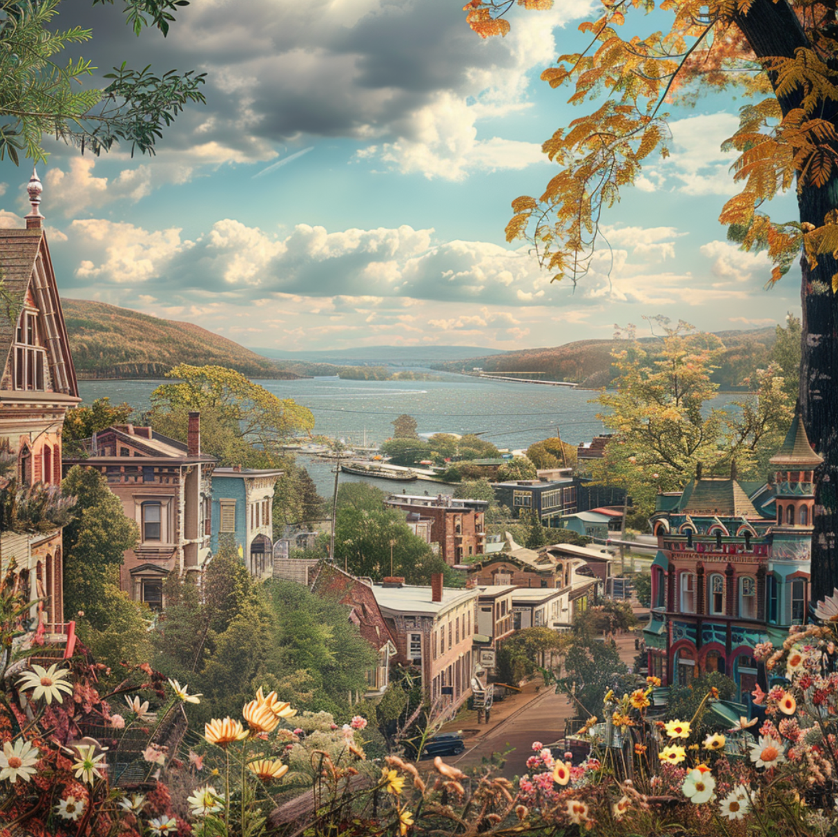 Autumnal beauty in Hudson, NY, with historic architecture lining the streets, leading to a view of the Hudson River surrounded by fall foliage, complemented by an array of wildflowers in the foreground, perfect for capturing the essence of local flower delivery.