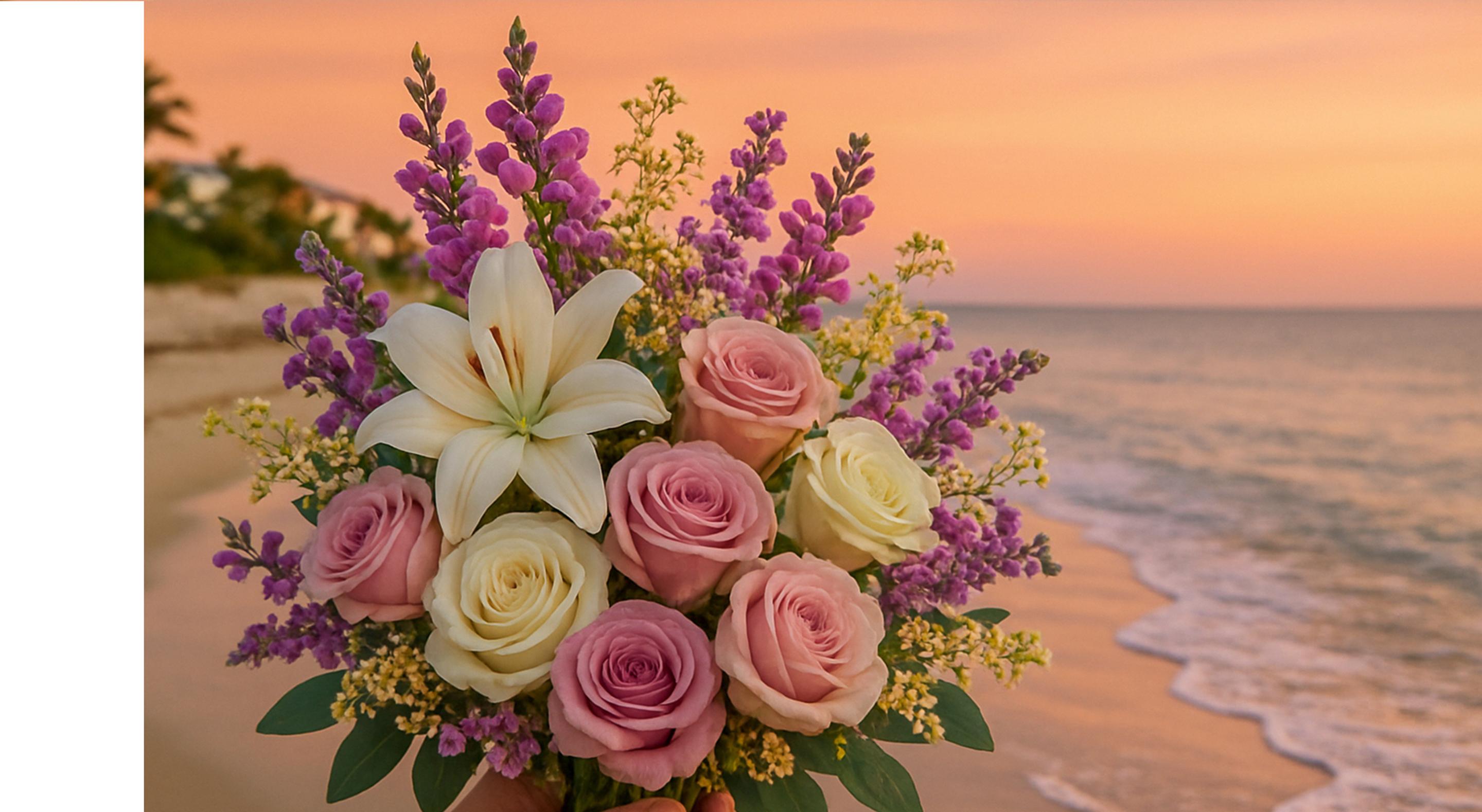 a person is holding a bouquet of flowers on the beach .
