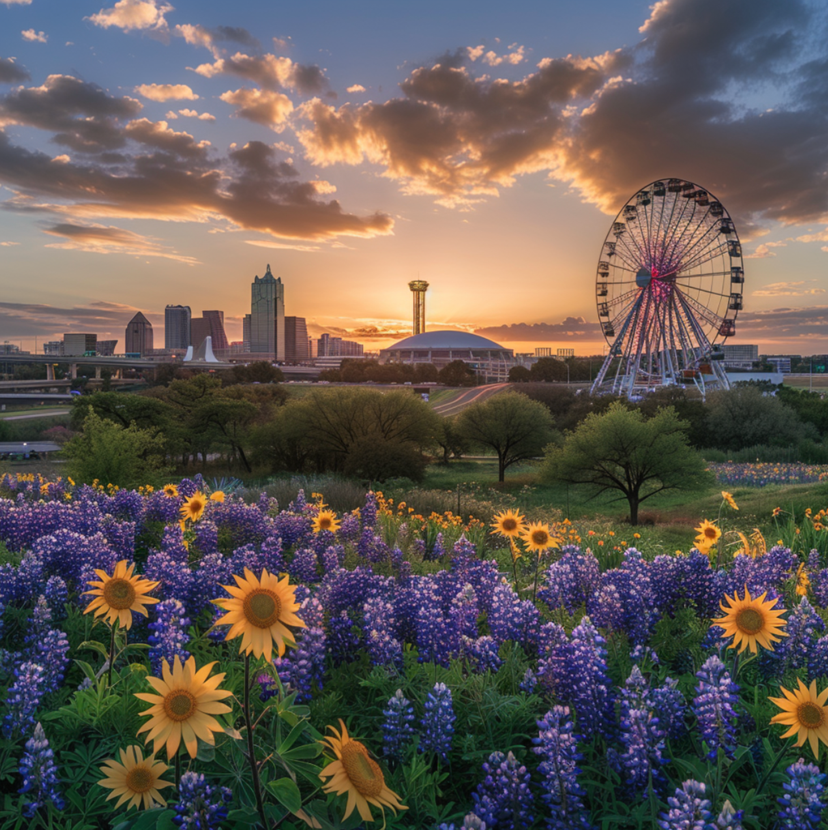Sunset over Arlington, Texas, with a stunning display of native wildflowers including bluebonnets and sunflowers in the foreground, the iconic Ferris wheel and observation tower silhouetted against the colorful sky, showcasing the city's vibrant community spaces and attractions.