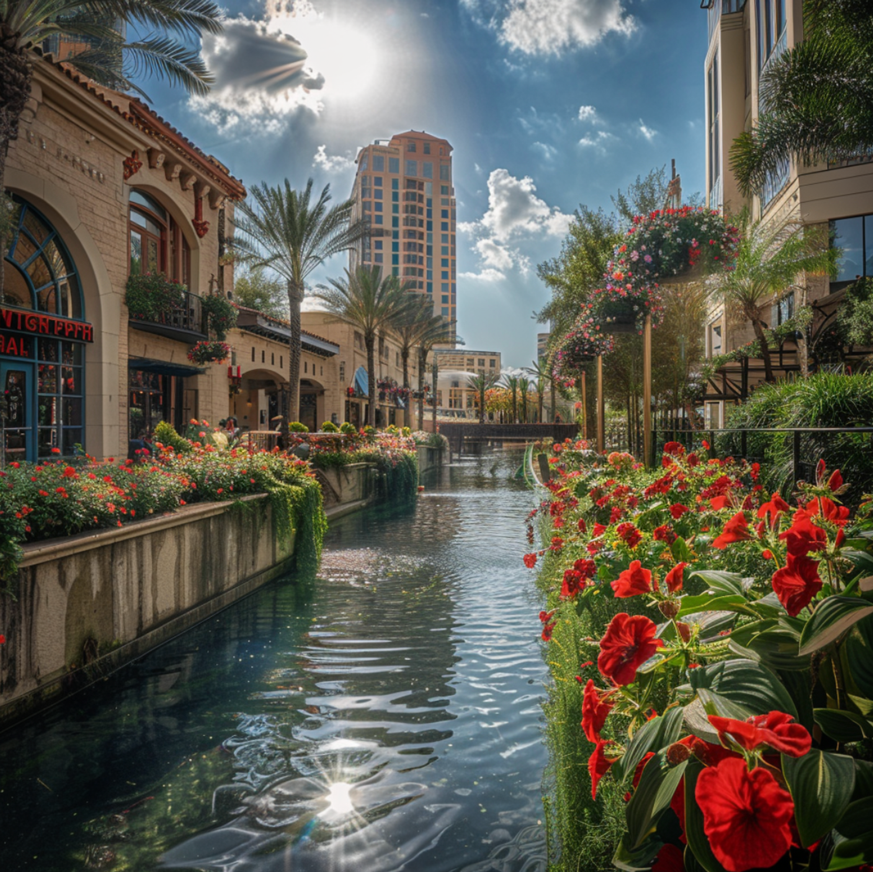 Tranquil waterway surrounded by lush red flowers and greenery, reflecting the radiant sun in the heart of Tampa, Florida, with Mediterranean-style architecture and modern high-rises creating a serene urban oasis.