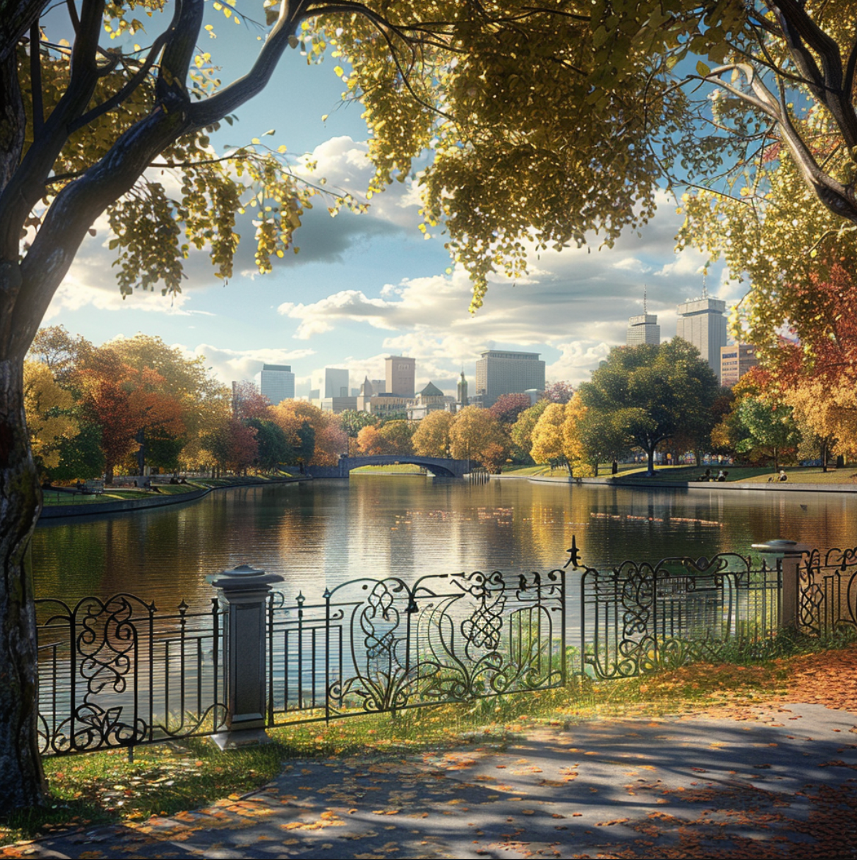 Tranquil autumn scene in Boston, Massachusetts, with golden foliage framing a serene view of the Charles River and the city's skyline, reflecting a blend of natural beauty and historic urban charm.