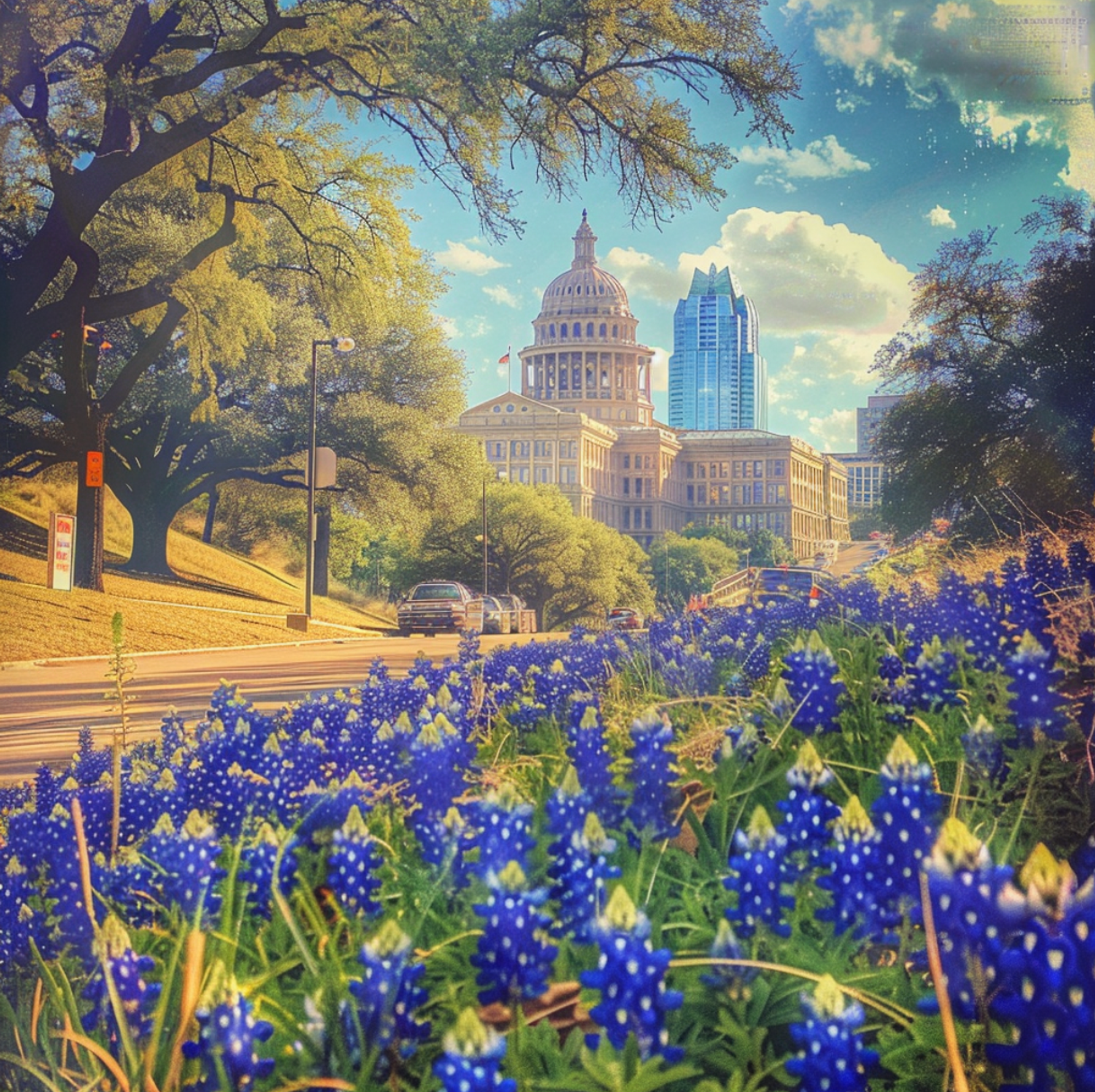 A carpet of Texas bluebonnets in the foreground with the Texas State Capitol building and modern skyscrapers rising in the backdrop under a bright blue sky in Austin, TX, reflecting the city’s vibrant spirit and the local love for native blooms in flower delivery.
