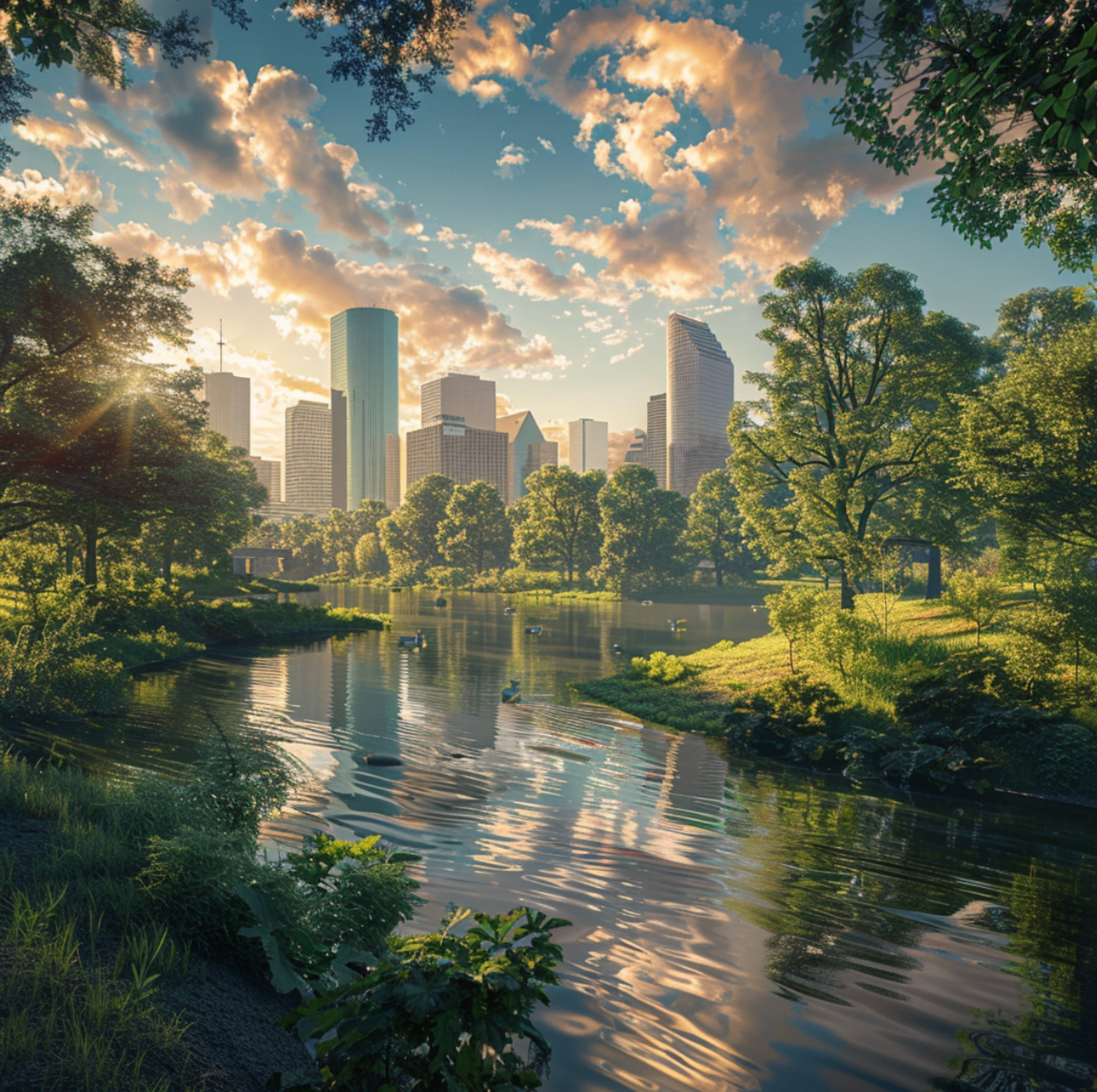 Peaceful morning in Houston, Texas, with a view of the city's skyscrapers from a lush park, sunlight filtering through the trees and reflecting on the calm waters of Buffalo Bayou, showcasing the city's blend of urban development and natural spaces.