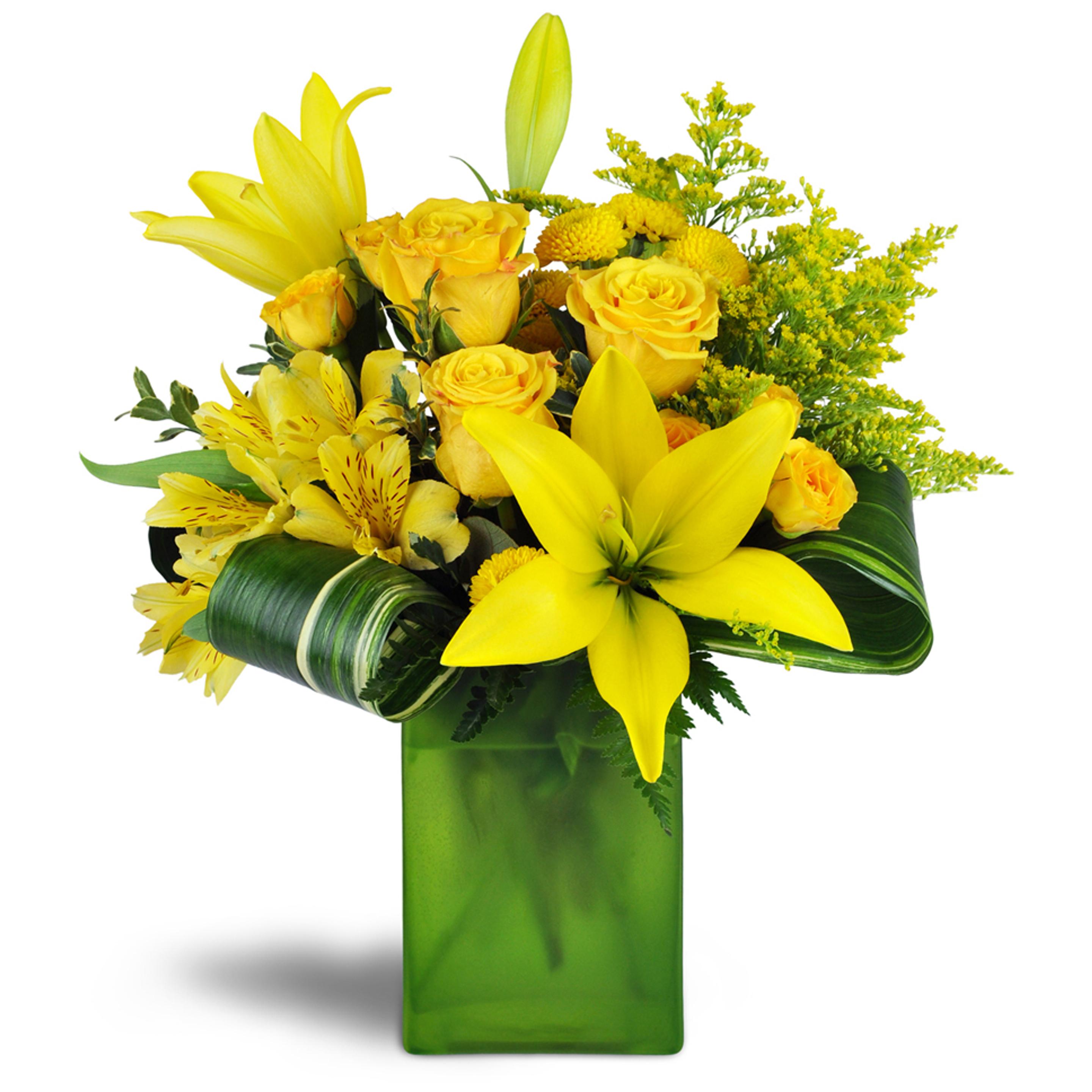 Yellow Flower Arrangement - a sunny bouquet of yellow lilies, roses, spray roses in a green vase.