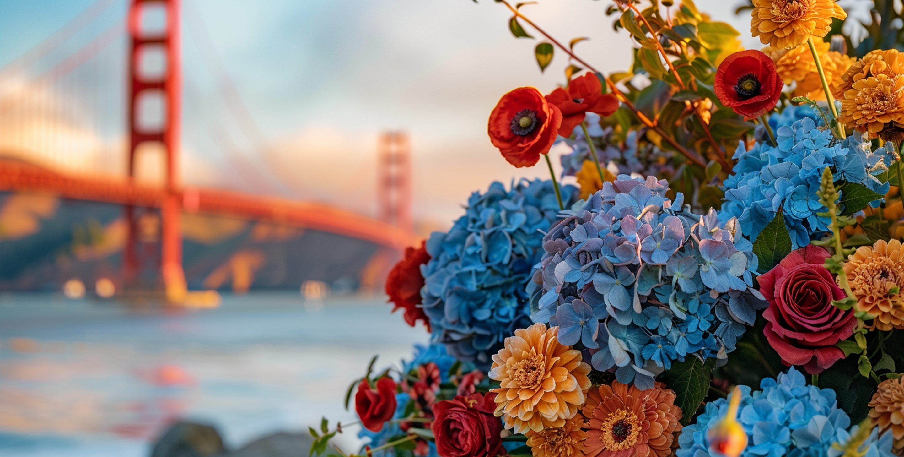 A beautiful close up up blue hydrangeas, red roses, with the golden gate bridge of San Francisco in the background, softly blurred.