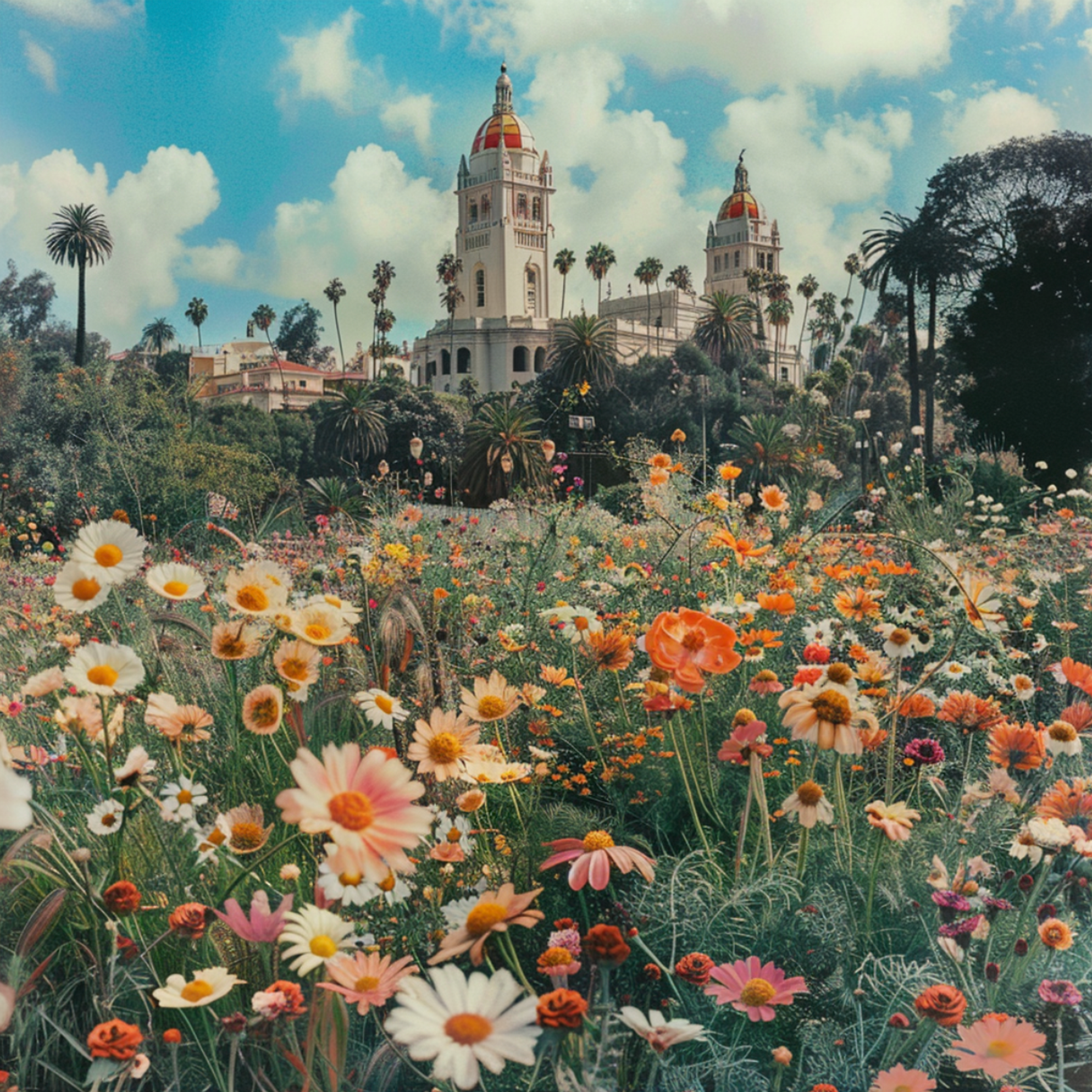 A vibrant field of wildflowers in full bloom with the iconic architecture of the towers of Balboa Park in the background, embodying San Diego’s natural splendor and the city's love for fresh flower delivery.