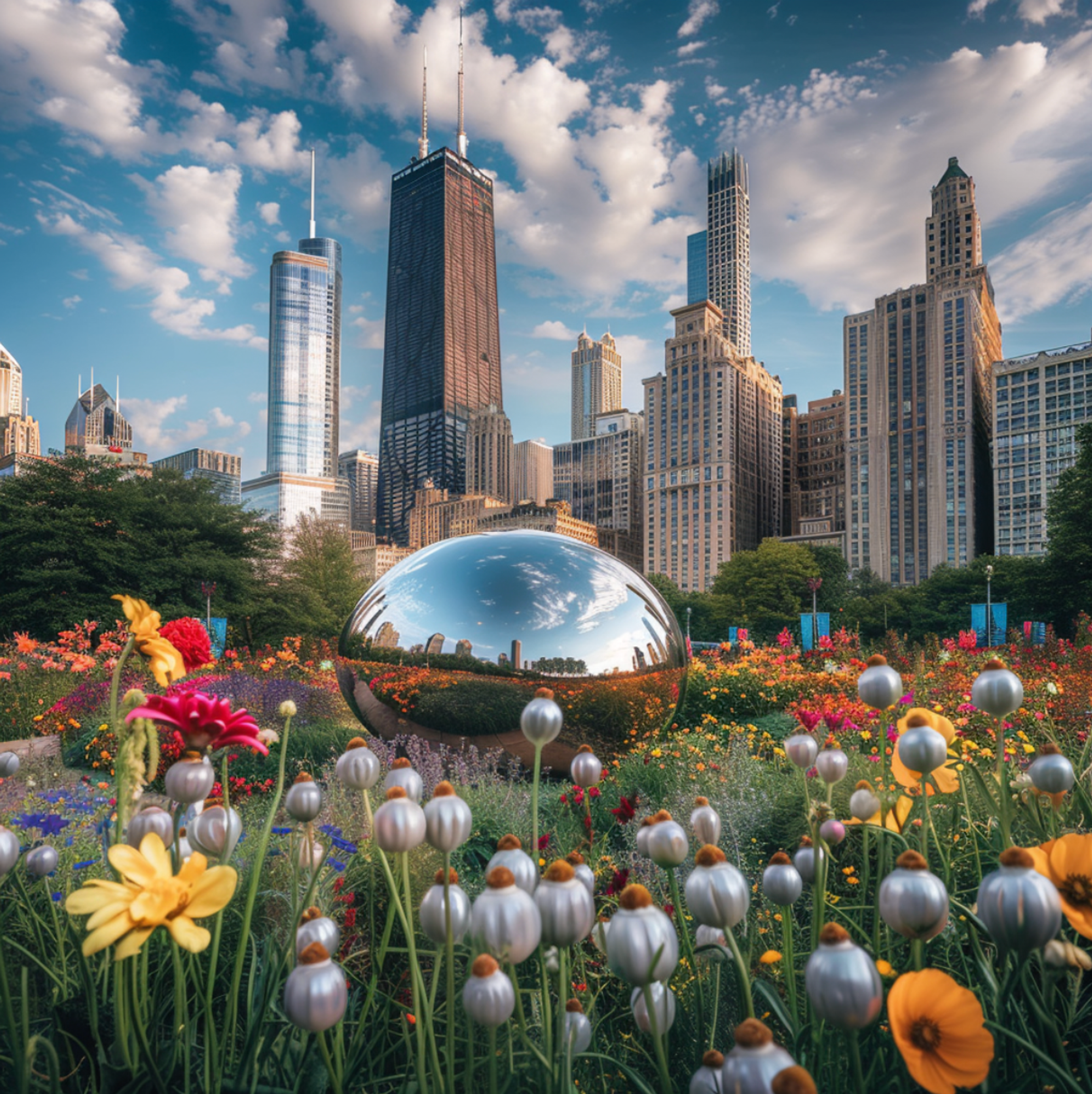 The iconic Cloud Gate sculpture, also known as 'The Bean,' in Millennium Park, Chicago, Illinois, surrounded by a lush display of summer wildflowers with the city's towering skyscrapers, including the Willis Tower, providing a dramatic backdrop.
