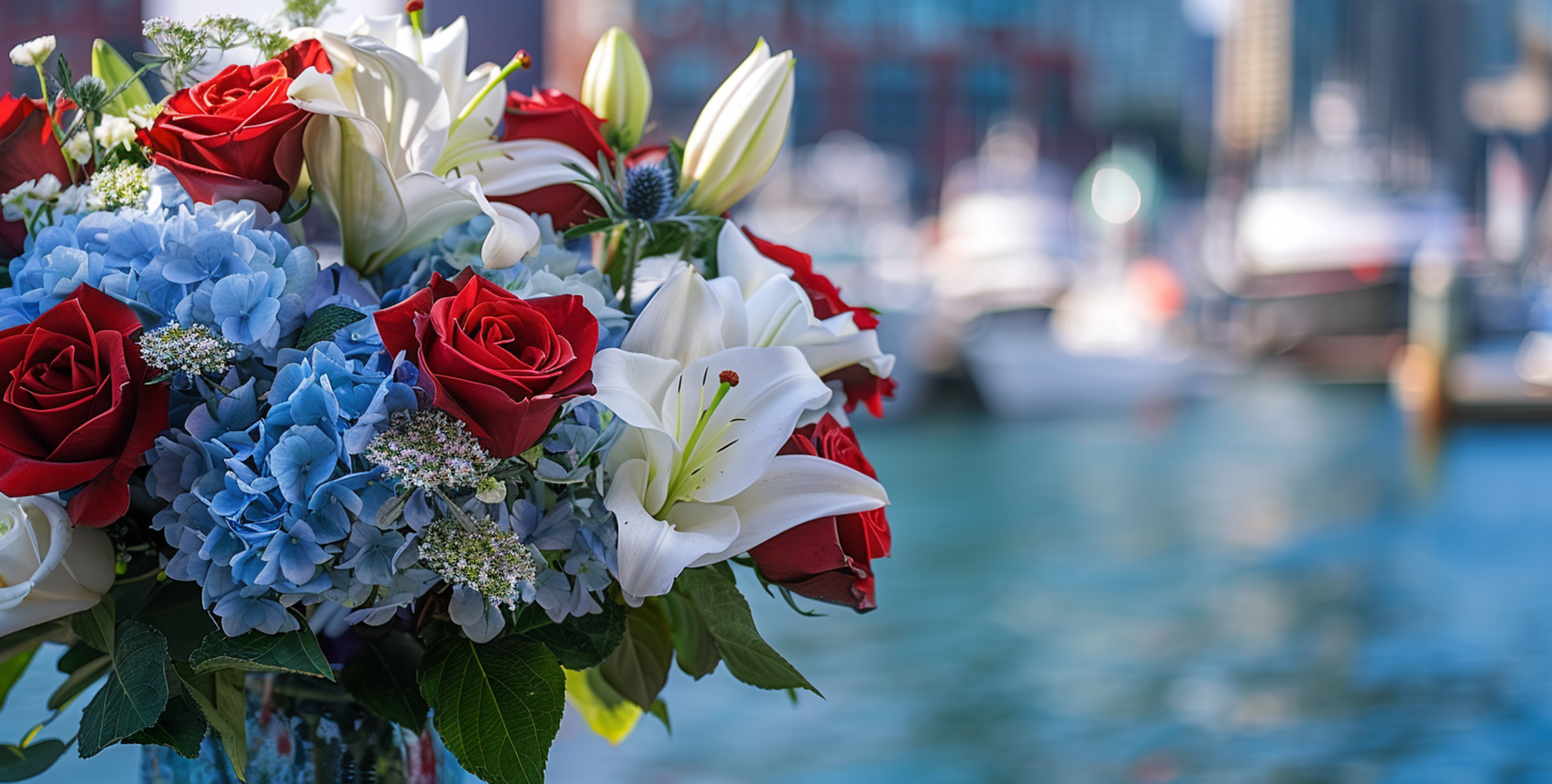 Photo of arrangement with red roses, blue hydrangea with blurred background of the Boston harbor.