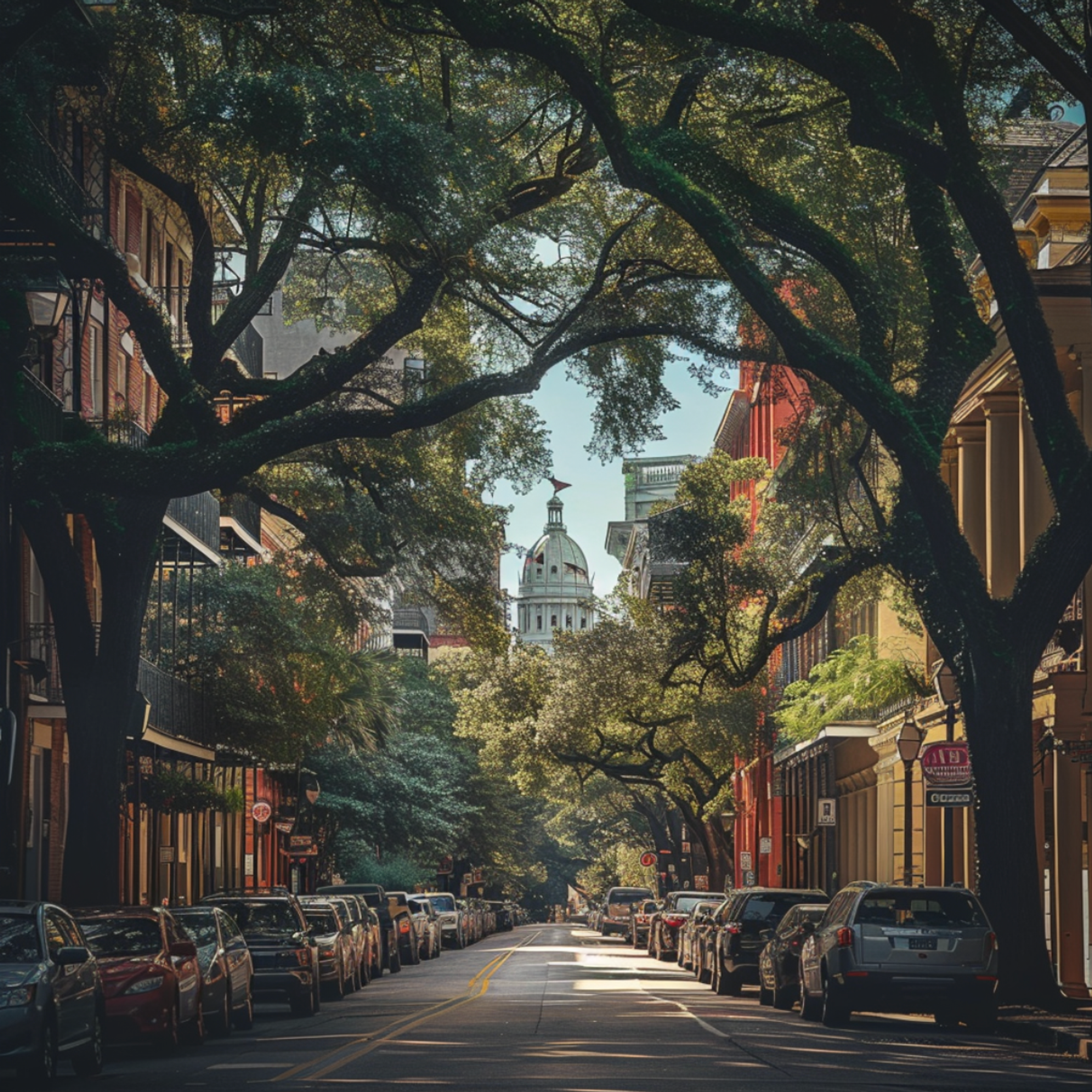 A tranquil street in New Orleans, Louisiana, shaded by majestic live oaks, with the historic and ornate architecture of the city's buildings leading to the distant Louisiana State Capitol building, encapsulating the city's rich history and charming atmosphere.