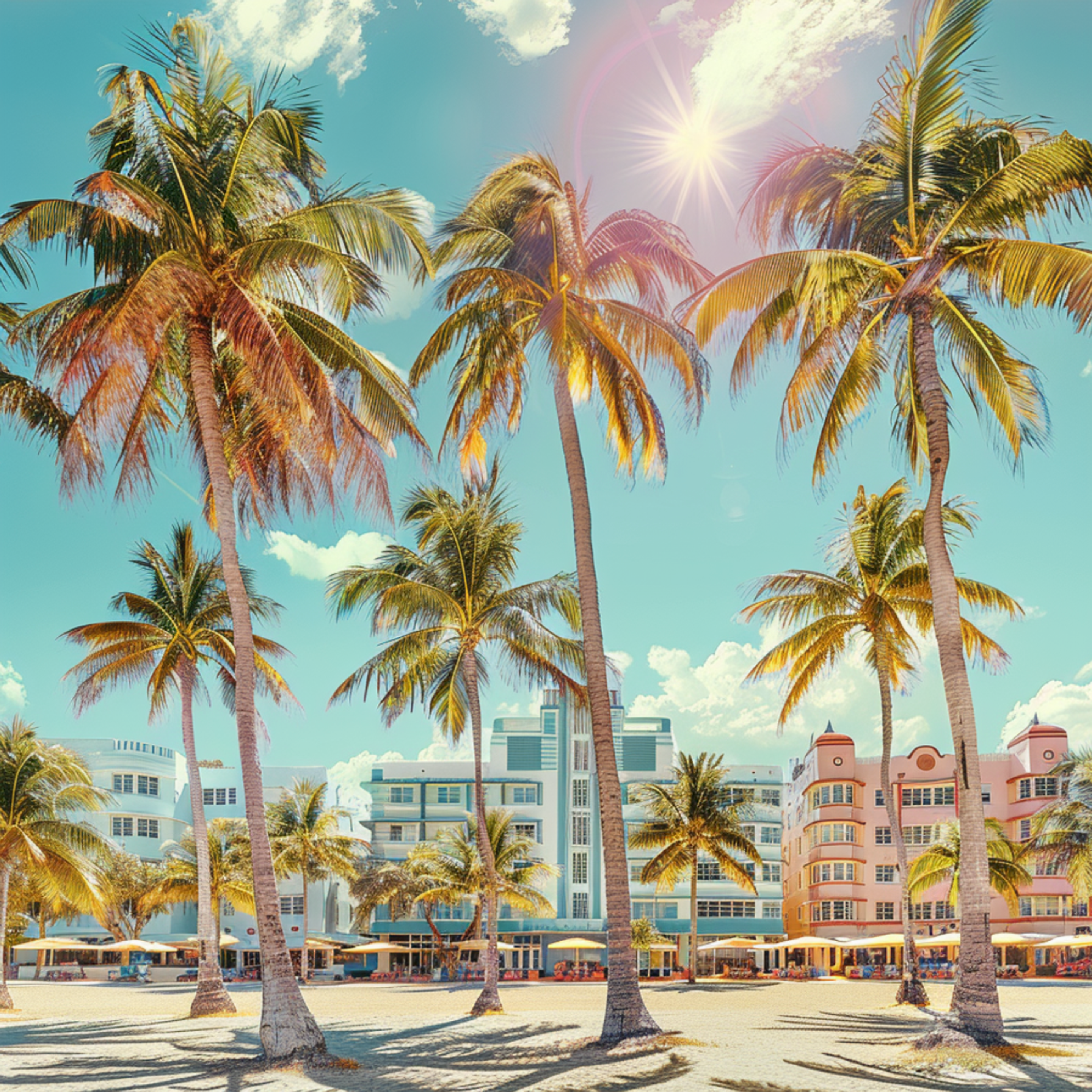 Sun-drenched palm trees sway along Miami Beach with iconic Art Deco buildings in the background, epitomizing the tropical allure and vibrant architectural heritage of Miami, Florida.