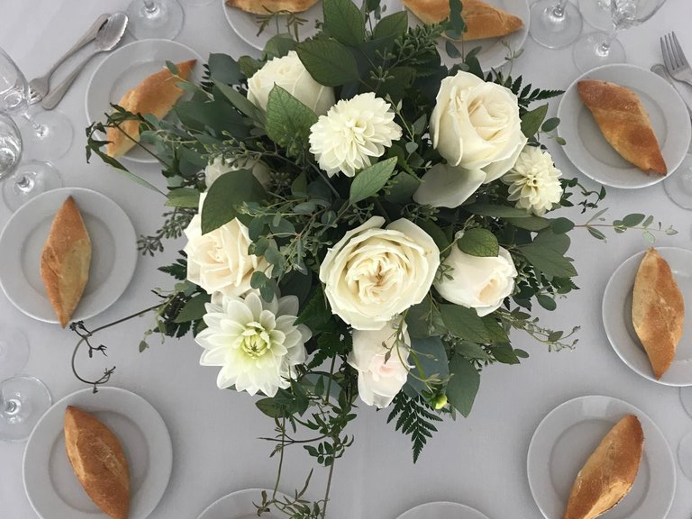 Lovingly Fishkill Wedding top view Centerpiece with white roses and beautiful greenery
