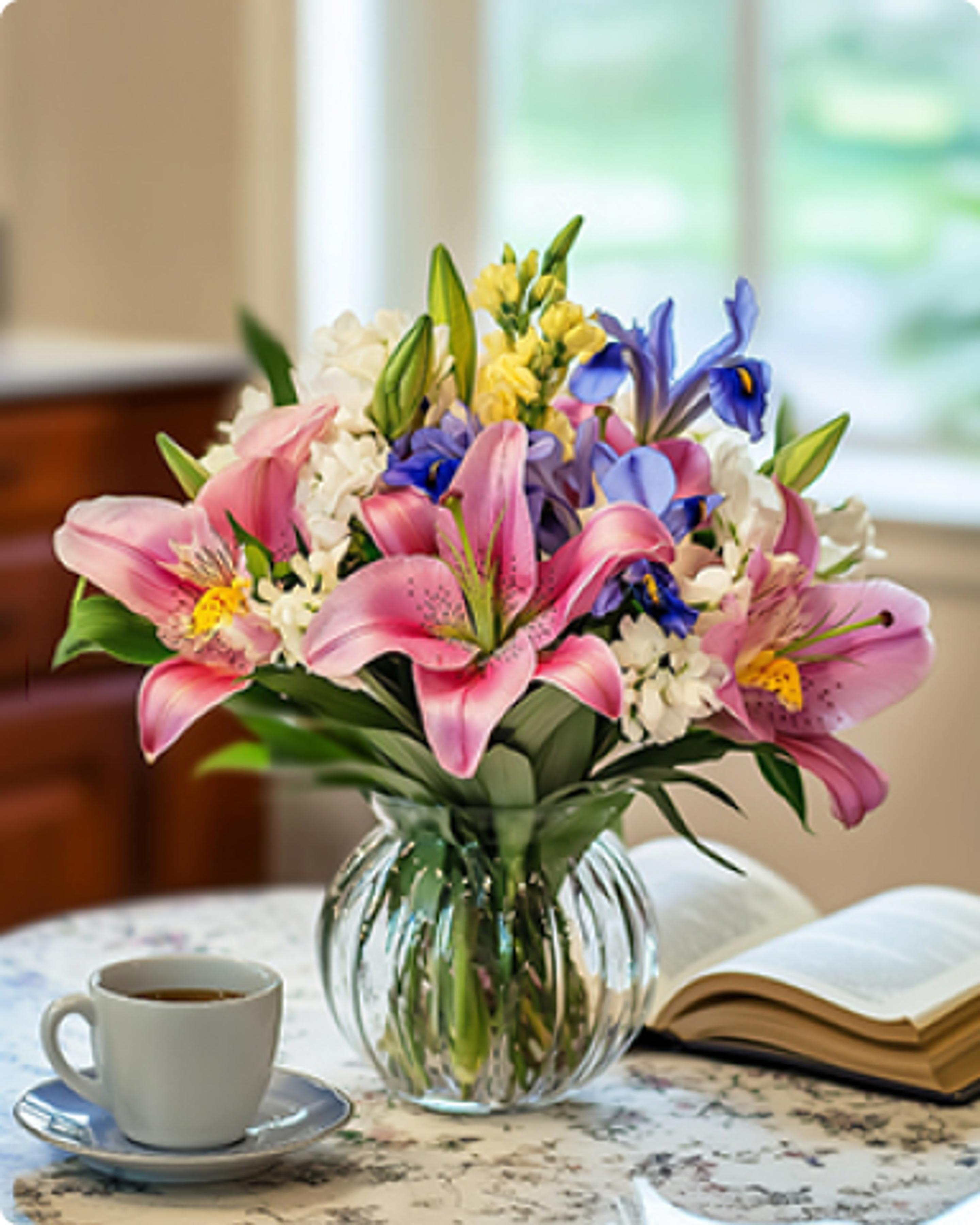 a vase filled with pink and blue flowers is sitting on a table next to a cup of coffee and a book .