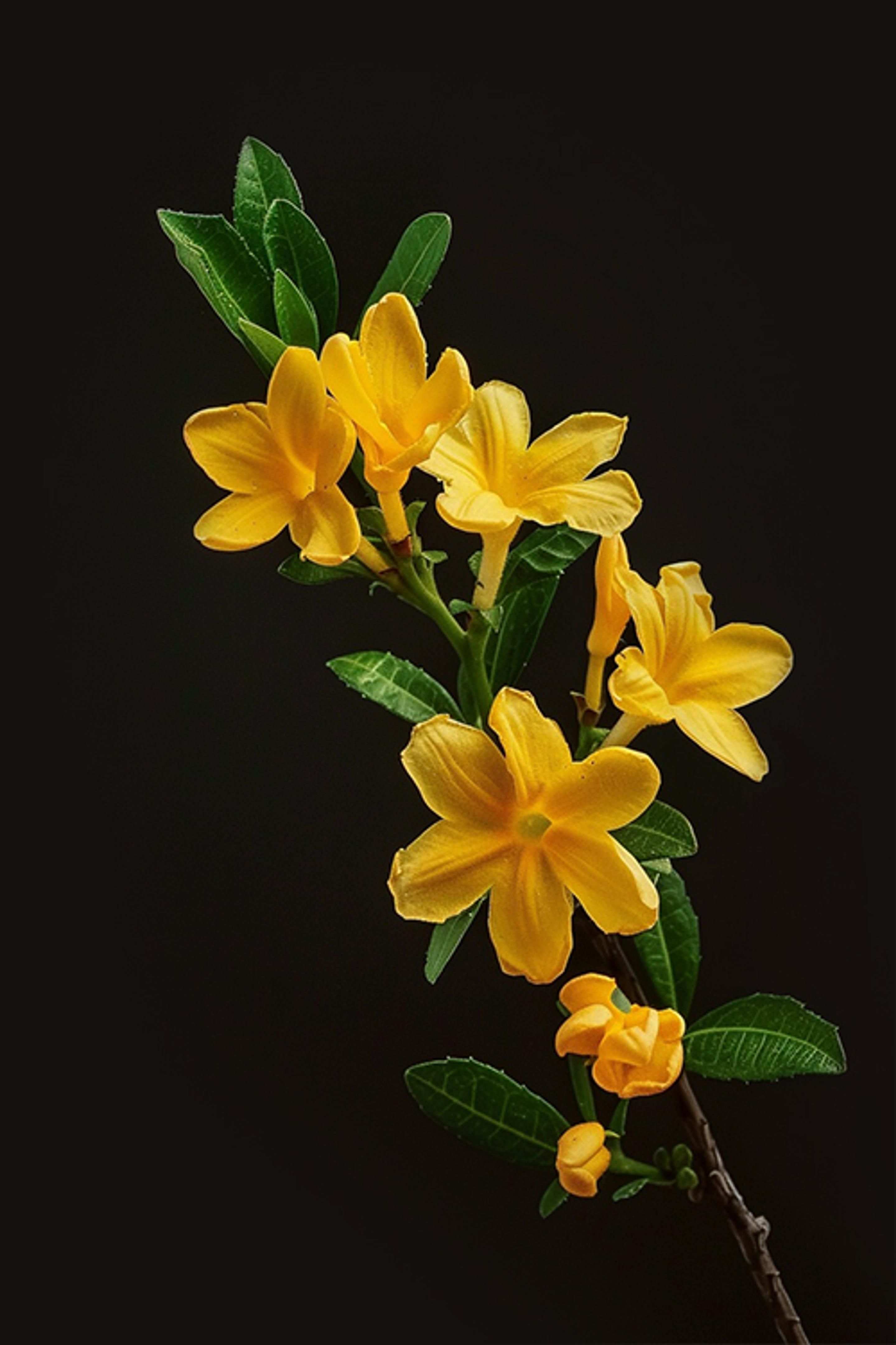 a bunch of yellow flowers with green leaves on a black background