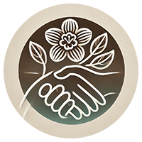 Circular emblem of a handshake, plant stem, and flower.