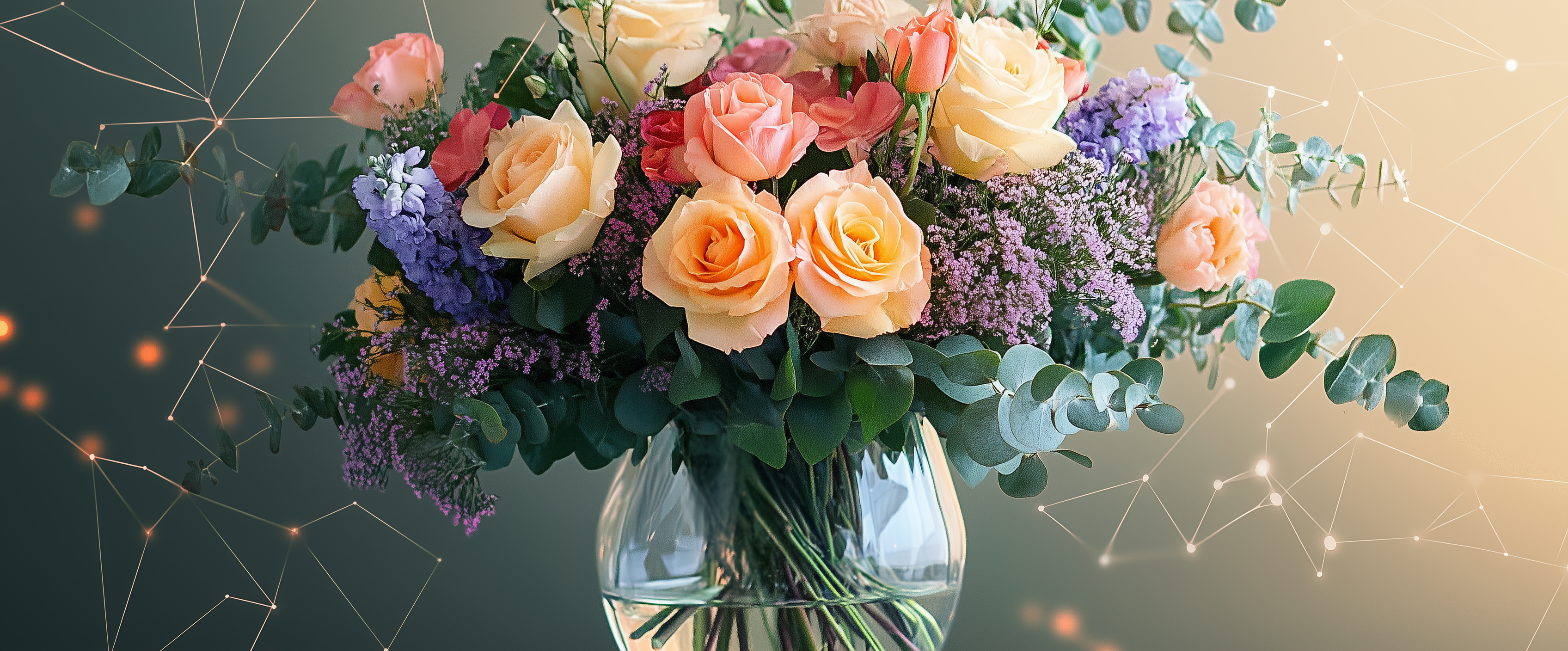 Bouquet of peach and cream roses, purple flowers, and eucalyptus in a glass vase, with an abstract geometric background.