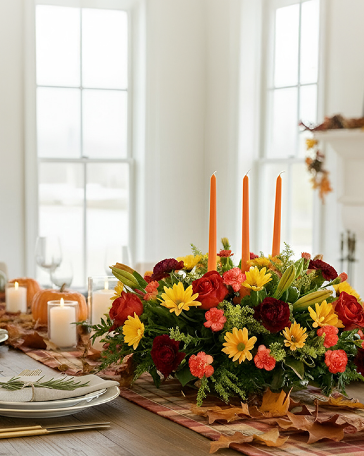 A dining table set for autumn with a large floral centerpiece, orange taper candles, pumpkins, and fall leaves.