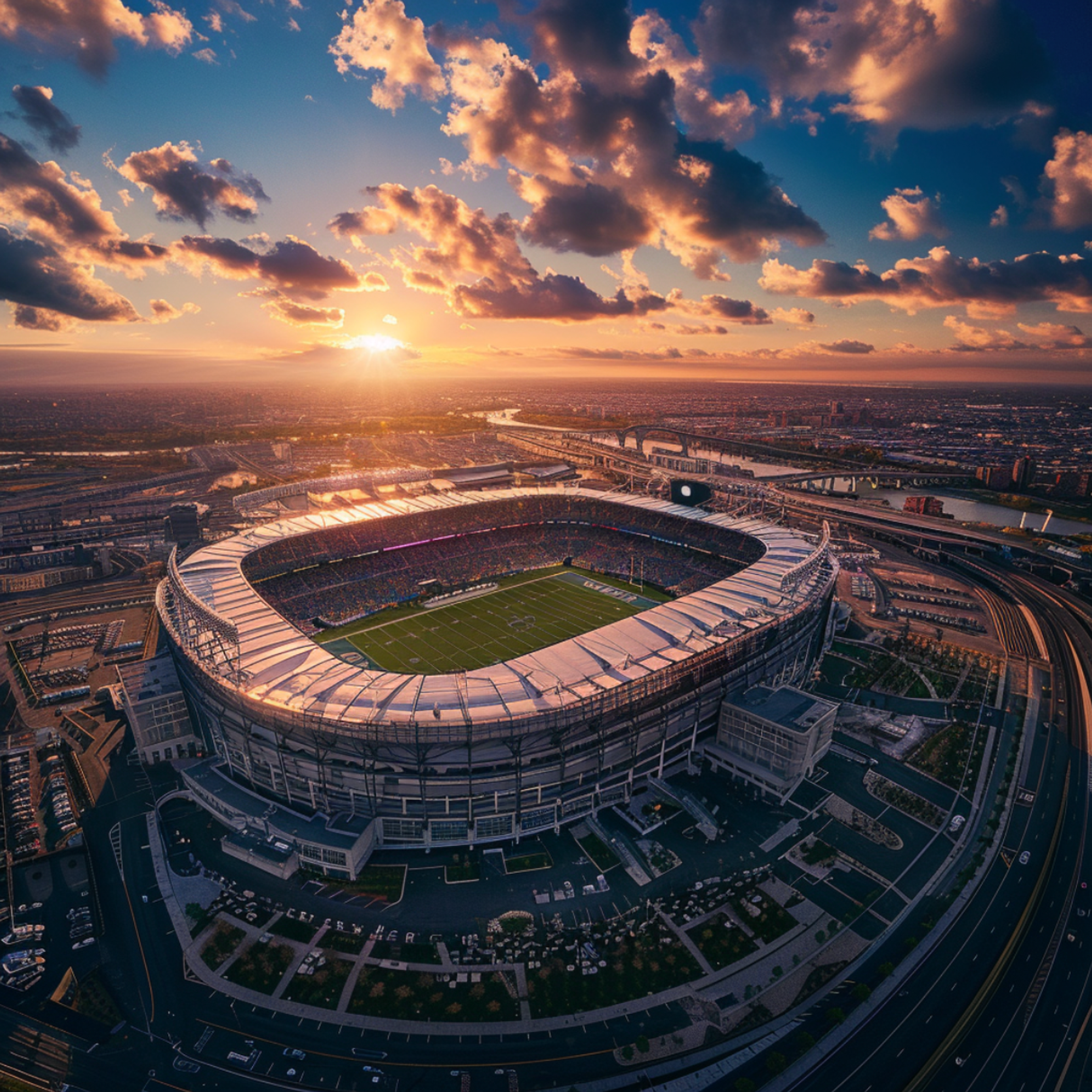 Aerial view of MetLife Stadium in East Rutherford, New Jersey, during a packed event at sunset with radiant sunbeams piercing through scattered clouds, highlighting the bustling activity and the expansive urban landscape in the background.