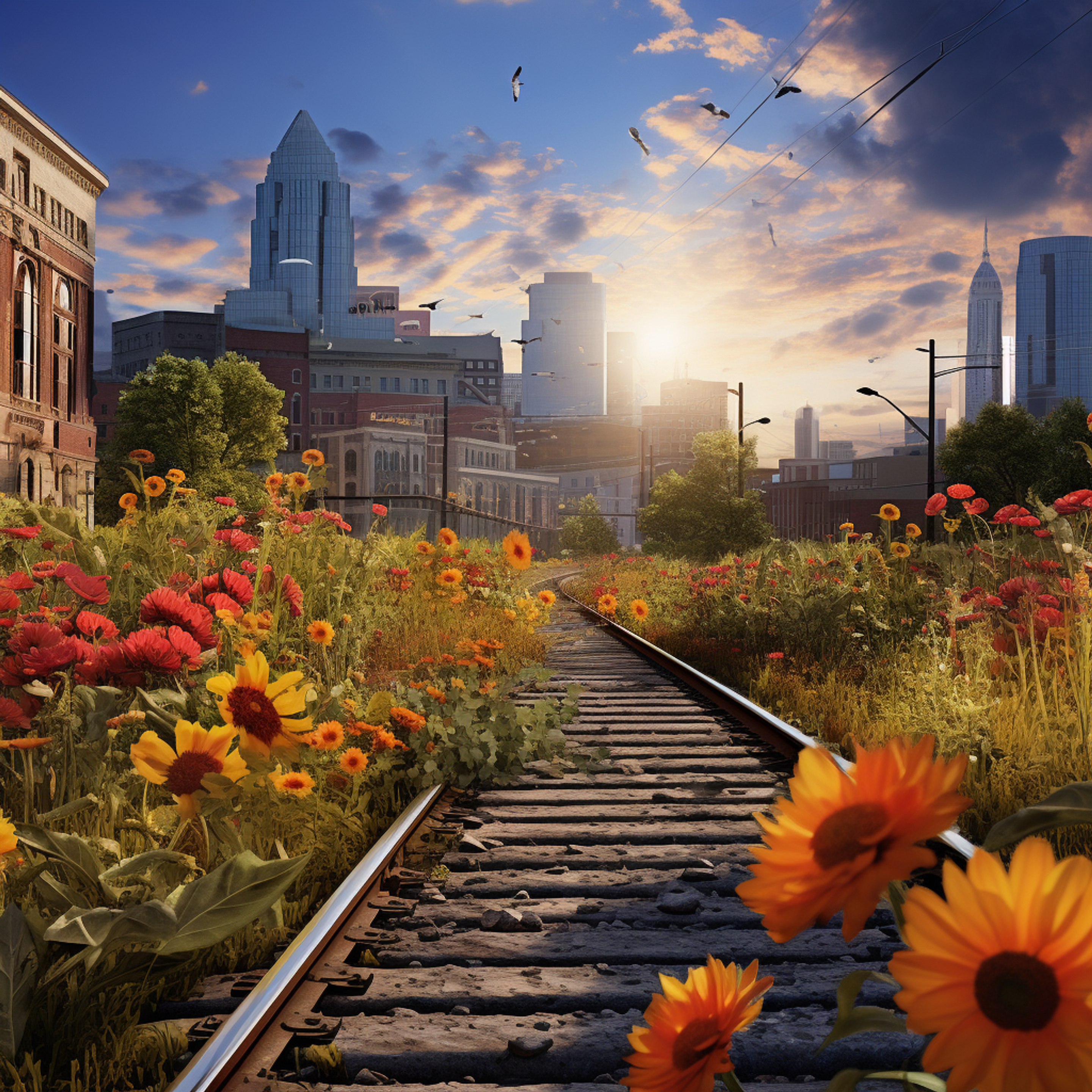 A railway through Kansas City lined with bright sunflowers and zinnias leading to the downtown skyline at sunrise, evoking a route for flower delivery in Kansas City.
